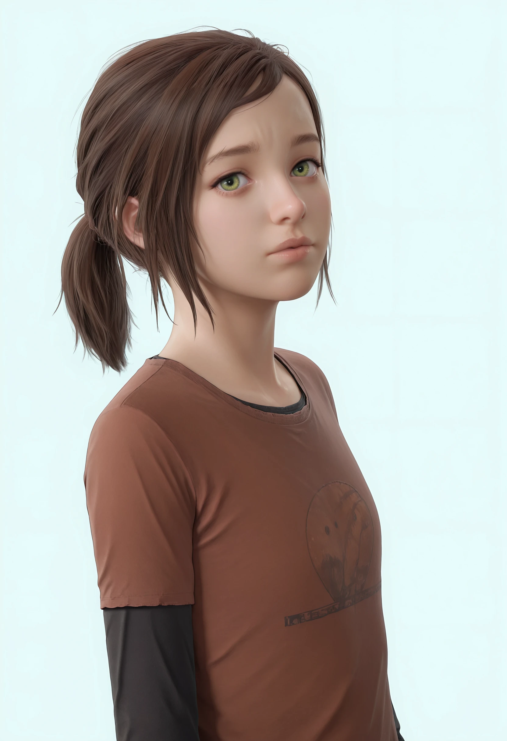 masterpiece, best quality, amazing quality, very aesthetic, absurdres, newest, <lora:EllieTLOU1ILf:0.9> ellif, 1girl, brown hair, short hair, ponytail, green eyes, shirt, layered sleeves, upper body, looking at viewer,
light blue background, simple background,