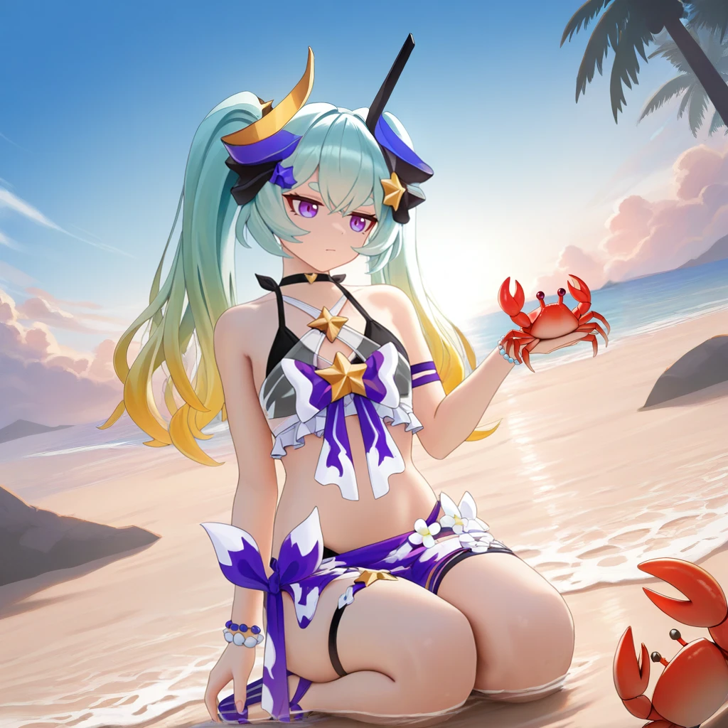 masterpiece, best quality, ultra-detailed, very asthetic, year 2023, very aesthetic, newest, scenery, highres, 4k, absurdres, 8k, colorful,vibrant, glowing, perfect face, 2d, perfect eyes, detailed eyes, 1girl, solo, beach, ocean, outdoors, palm trees, rocks, pebbles, sitting on sand, detailed background, day, sun, sky, clouds, seiza, purple flip-flops, footwear ribbon, holding crab, curious, closed mouth, head tilt, looking at crab, shallow water, aqua hair, purple eyes, RozLil, Fol003, Rzl_Wav, thick eyebrows, layered bikini, alternative single horn, horn hair ornament, black bikini, see-through bikini, criss-cross halter, white flower, two-tone bow, white bow, purple bow, purple sarong, gold star (symbol), alt chest bow, purple armband, frilled bikini, bead bracelet, star hair ornament, twintails, gradient hair, thigh garter, midriff,