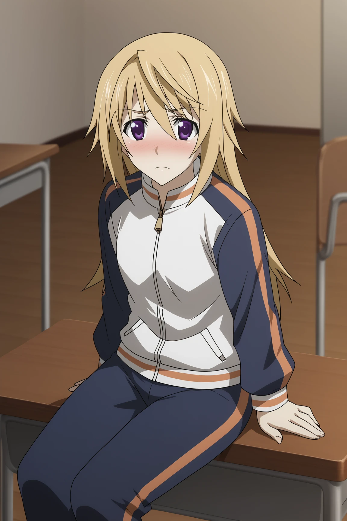 score_9, score_8_up, score_7_up, source anime, prefect lighting, very aesthetic, BREAK, anime coloring, anime screencap,
<lora:charlotte_dunois_v3-pdv6:1>, 1girl, charlotte dunois, infinite stratos, blonde hair, purple eyes,
track suit, track jacket, track pants, straight hair, long hair,
BREAK, looking at viewer, sitting on desk, desk, nose blush,
BREAK,