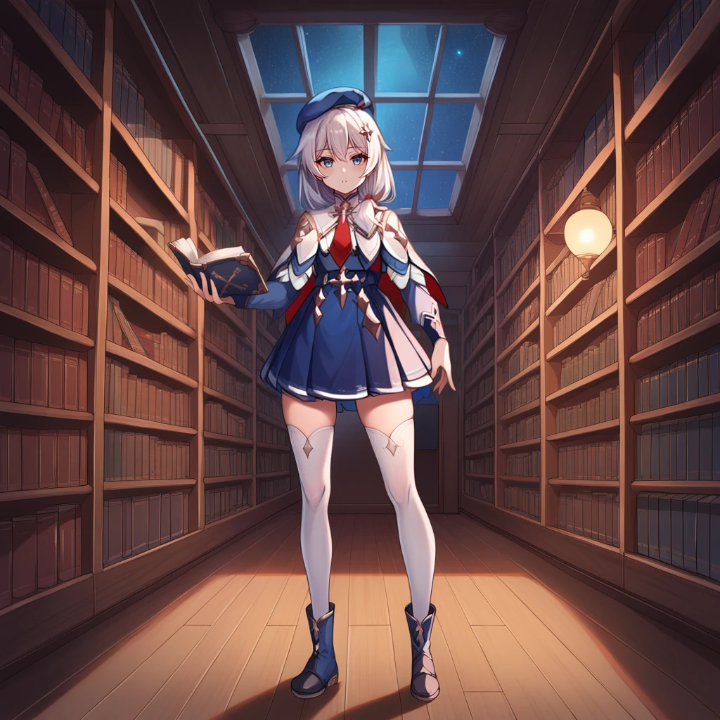 score_9_up, score_8_up, score_7_up, source_anime, 1girl, solo, library, standing, looking at you, full body, curious, parted lips, bookshelves, library interior, detailed background, angled shot, holding book, dimmed light, ceiling lamp, night, night time, window, starry sky, theresa apocalypse, white hair, blue eyes, Teri, Fol002, Tr_Cdt, side ponytail, red necktie, collared dress, blue dress, capelet, white capelet, alt long sleeves, blue sleeves, dark blue belt, cross necklace, beret, blue headwear, cross hairclip, white thighhighs, thighhighs, pleated skirt, blue skirt, blue ankle boots,