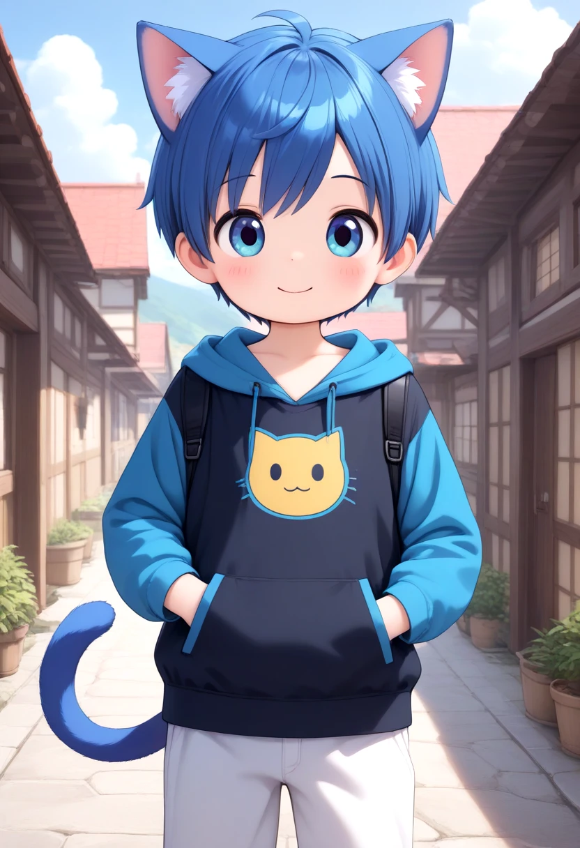 <lora:cutifiedanimecharacterdesign_variant_type_G_IL_v10:1>
straight on shot, standing,detailed eyes, village,
1boy, type-g, cat boy, blue hair, happy pose, loved face expression, outdoor, tail, hoodie, hood down, hands in pocket, long pants