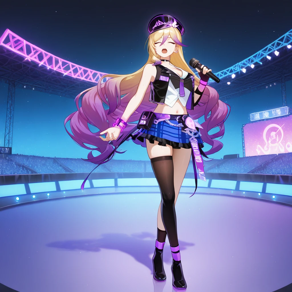 masterpiece, best quality, ultra-detailed, very aesthetic, detailed background, year 2023, very aesthetic, newest, scenery, highres, 4k, absurdres, 8k, colorful,vibrant, glowing, perfect face, 2d, perfect eyes, detailed eyes,
1girl, solo,idol stage, concert hall, neon lights, spotlights, outdoors, stage, musical notes, stadium, holding microphone with both hands, nervous focused, singing, closed eyes, crossed legs, standing, sweat, full body, foreshortening, angled shot,
detailed background, night, night sky, night time, starry sky,
blonde hair, long hair, Durandal, Fol001, Du_Str, blonde hair, purple hair, gradient hair, drill hair, alt black headwear, black choker, peaked cap, miniskirt, sleeveless shirt, asymmetrical legwear, alt white shirt, open shirt, cropped shirt, black vest, cropped vest, sleeveless vest, cleavage, purple necktie, short necktie, plaid skirt, blue skirt, purple apron, jewelry, belt pouch, purple belt, navel, bare shoulders, alt single fingerless glove, single elbow glove, purple bracelet, single thighhigh, black thighhighs, alt thigh boots, alt black footwear,