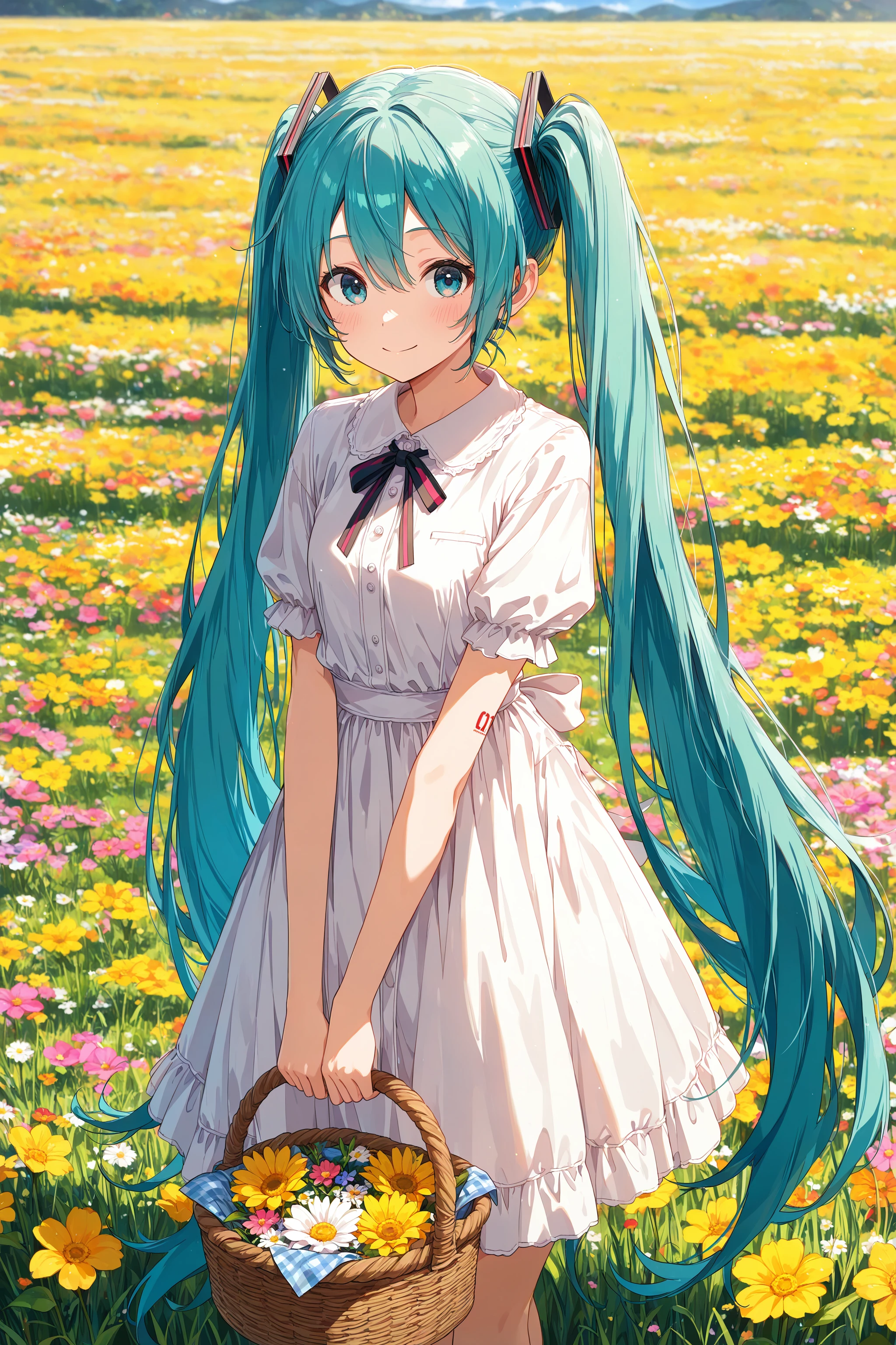 masterpiece, best quality, absurdres, safe
1girl hatsune miku, holding basket, outdoors, flower field
