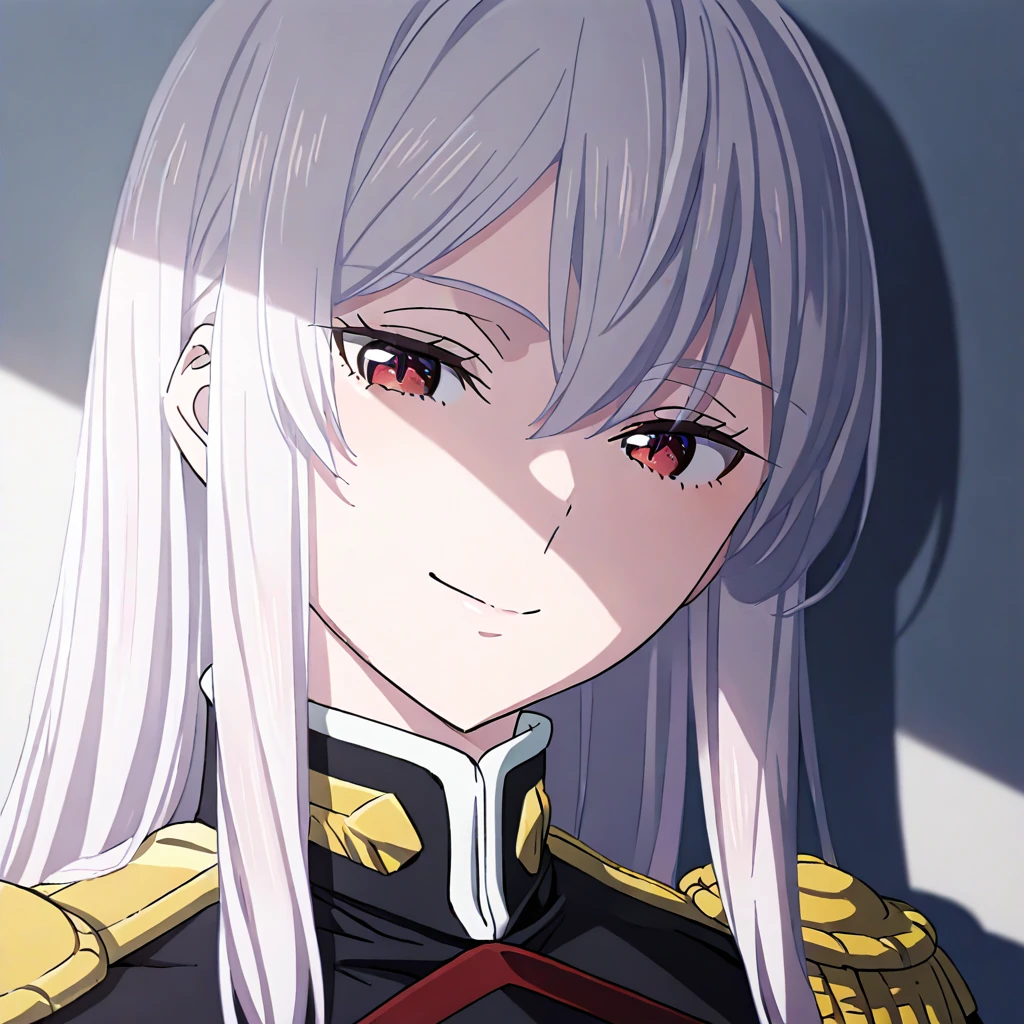 kyouka_uzen, 1girl, solo, uniform, long hair, military uniform, seductive smile, military, epaulettes, looking at viewer, white hair, hair between eyes, red eyes, upper body <lora:KyoukaUzen-IllustXL:1>, (masterpiece),(best quality),(ultra-detailed),(best illustration),(best shadow),(absurdres),(detailed background),(very aesthetic),