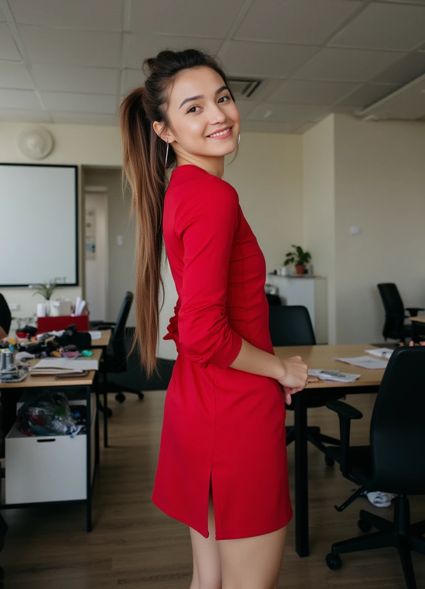 A candid low-angle photo taken in a modern office with a relaxed and casual vibe. A young girl with a high ponytail is casually turning her head toward the camera, making soft eye contact with a natural expression. The office is slightly cluttered with everyday elements like desks, chairs, and scattered papers. The lighting is uneven and slightly dim, adding to the amateur feel of the shot. She is wearing a simple red dress that rides up slightly in a natural, unposed way, revealing just a hint of her thighs, creating an unpolished and spontaneous aesthetic.