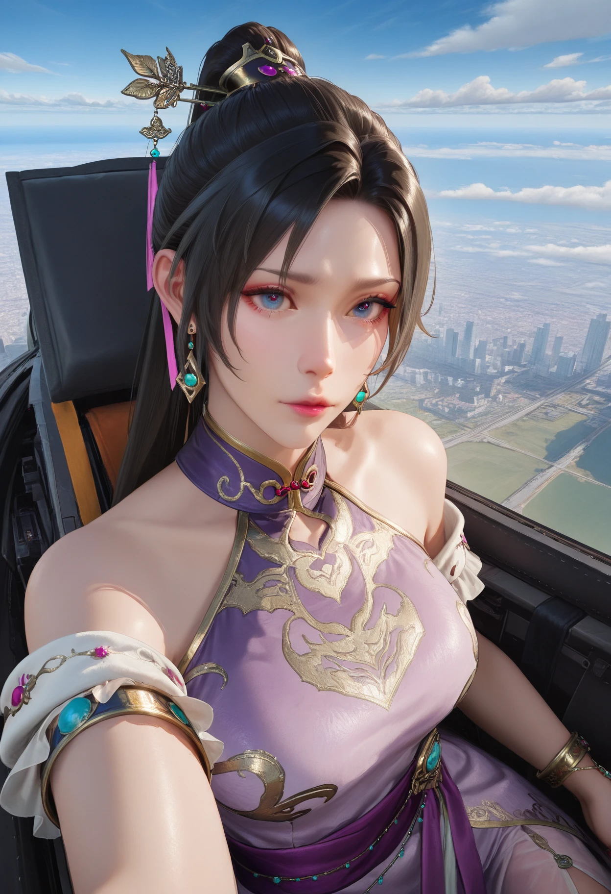 masterpiece, best quality, realistic,
1girl, solo,
 <lora:Diaochan [IL]:0.7> diaochan, 1girl, jewelry, earrings, black hair, blue eyes, long hair, ponytail, hair ornament||, bare shoulders, dress, purple dress, bracelet, chinese clothes,
 <lora:Pilot selfie [IL]:0.9> cockpit, pilotselfie,  || cloud, horizon,  cityscape