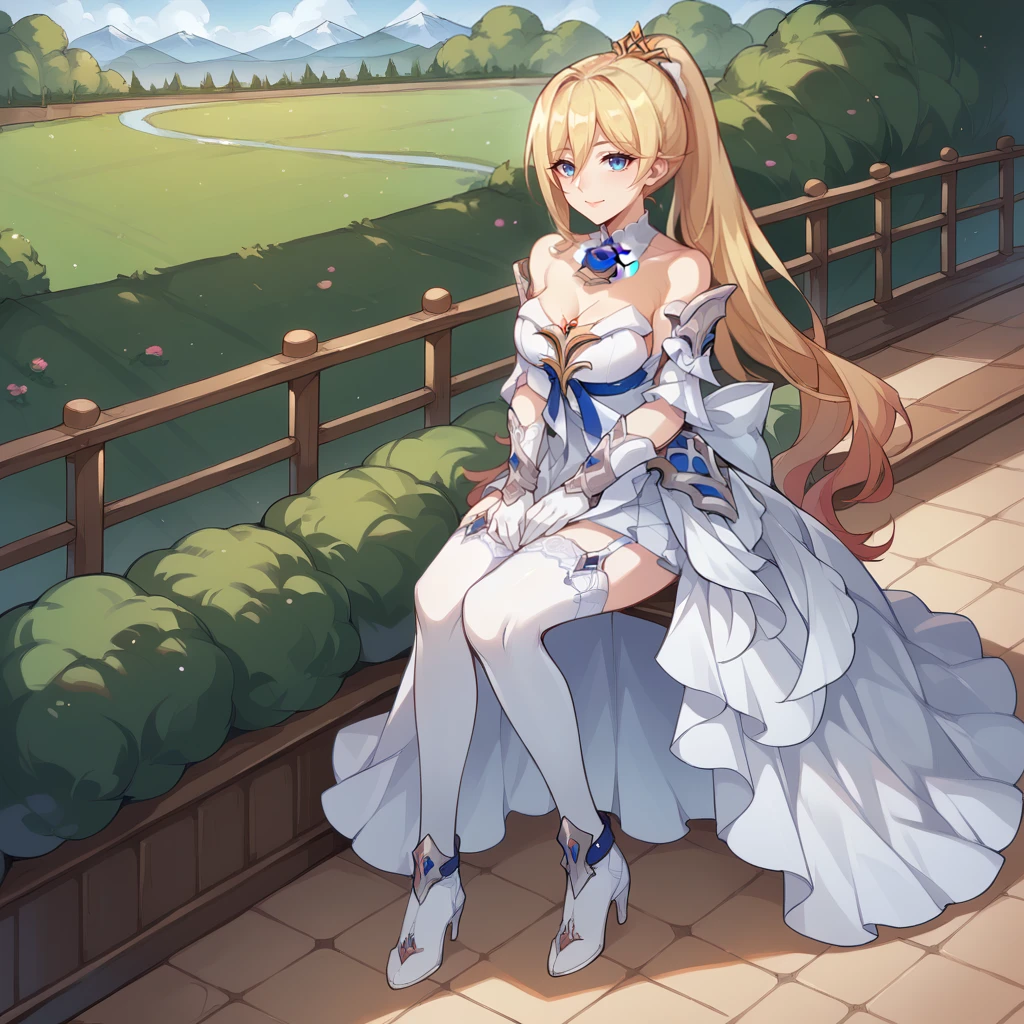 score_9_up, score_8_up, score_7_up, source_anime, 1girl, solo, garden, nature, bushes, flowers, a lot of flowers, trees, white terrace, marble, railing, sitting on white chair, tea set, hands on own lap, legs together, full body, gentle smile, white table, desserts, layered tea set, closed mouth, head tilt, looking at viewer, shadow, blonde hair, blue eyes, drill hair, long hair, Durandal, Fol003, Du_Wed, high ponytail, wedding dress, bridal veil, white dress, crossed belts, alt blue belts, blue rose, layered skirt, alt white skirt, tiara, alt pleated skirt, garter straps, alternate white thighhighs, alt detached sleeves, white sleeves, long sleeves, half gloves, alternative gauntlets, alt white gauntlets, bare shoulders, alt detached collar, frilled collar, cleavage,