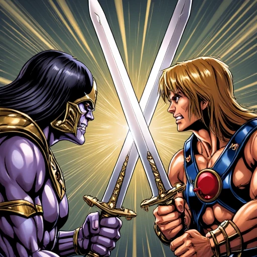 Comic style picture of battle scene where two sword wielding characters clash their blades against each other the character on the righ is He-Man and the chracter on the left is Skeletor