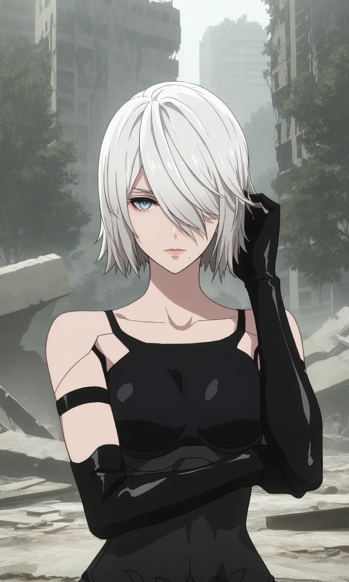 a2yorha, 1girl, blue eyes, white hair, robot joints, short hair, hair over one eye, black tank top, elbow gloves, black gloves, armlet, bare shoulders, outdoors, ruins, tree, city, upper body, arm under breasts, adjusting hair, portrait, looking at viewer, straight-on, scenery,
(masterpiece, best quality:1.2), absurdres, highres,