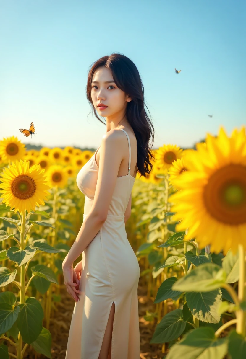 An hyper-realistic full body shot photo of a young Korean woman with platinum black hair and brown eyes. She has very large breasts, large ass, slim waist and wide hip. She is dressed in a fitted sleeveless midi dress and strappy high heels. A vibrant sunflower field in full bloom, with golden petals reaching toward a bright blue sky. The cheerful scene is alive with buzzing bees and fluttering butterflies. The camera is positioned far away, emphasizing the contrast of her tiny figure against the expansive horizon. The camera angle is a medium close-up using a 100mm macro lens, highlighting subtle facial expressions with detailed sharpness. <lora:east_body_rank32_bf16:0.7>, <lora: - Flux1 - soothing_atmo_V1.0:0.3>