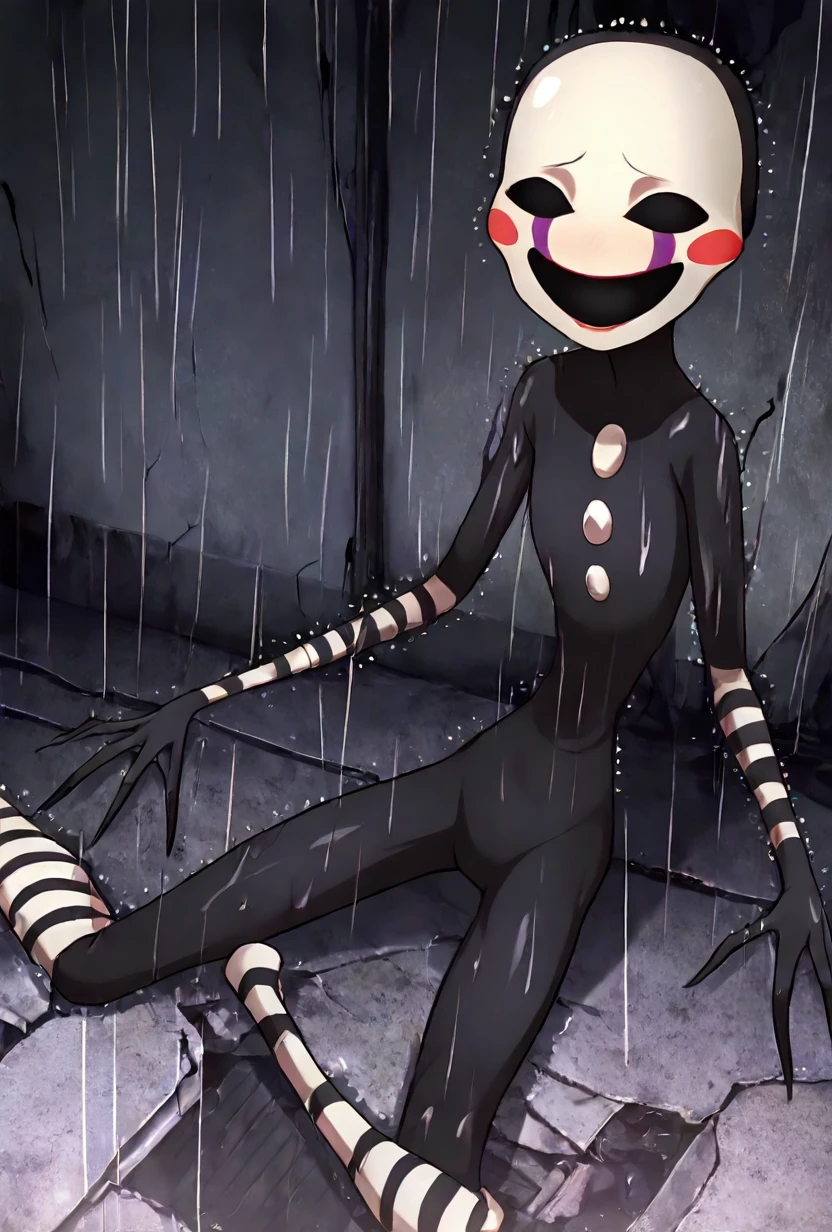 <lora:puppet-10:1> puppet, solo, 1girl, mask, black bodysuit, smile, open mouth, blush stickers, striped, purple tear streaks, slender, skinny, long limbs, horror scene, no pupils, abandoned alleyway, sitting on floor, small eyes, rain, dark scene,, masterpiece, best quality, amazing quality, very aesthetic, absurdres, newest,