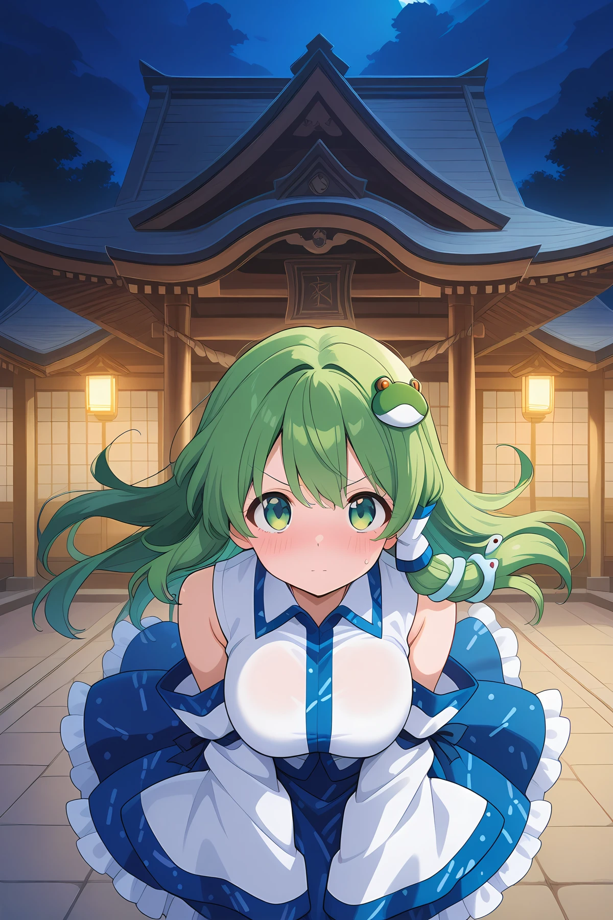 absurdres, highres, masterpiece, best quality, amazing quality, official anime artwork, screencap, anime screencap, outdoors, looking at viewer, blush, moriya shrine, night,
<lora:Sanae-Kochiya_Illustrious:1> kochiya sanae, 1girl, solo, green hair, long hair, green eyes, skinny, large breasts,, frog hair ornament, hair tubes, snake hair ornament, collared shirt, white shirt, detached sleeves, wide sleeves, blue skirt, frilled skirt, dynamic pose,