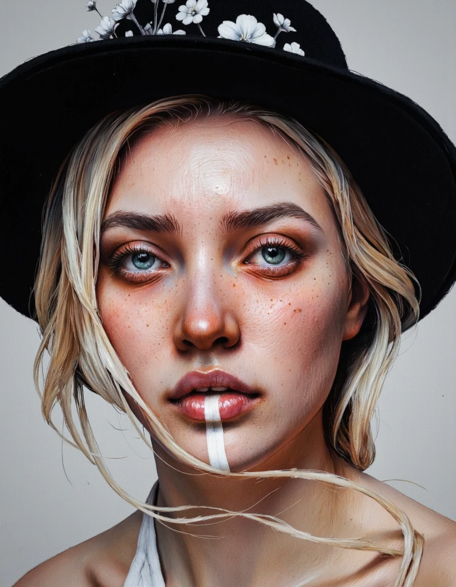 By Laura H. Rubin. A close-up portrait of a young woman with a striking blue eye and freckles, wearing a black hat adorned with small white flowers. the woman is positioned in the middle of the image, facing the viewer with a neutral expression. her hair is styled in long, flowing strands that frame her face, and she is wearing minimal makeup, including dark lipstick and subtle makeup. her eyes are a striking shade of blue, and her eyelashes are a lighter shade of brown. her eyebrows are neatly trimmed and her nose is visible. the background is a simple, light grey color, which contrasts with the woman's natural beauty and creates a striking visual effect. the image has a realistic style with a focus on texture and detail, making it a beautiful and captivating portrait. <lora:Laura_H._Rubin:0.95>