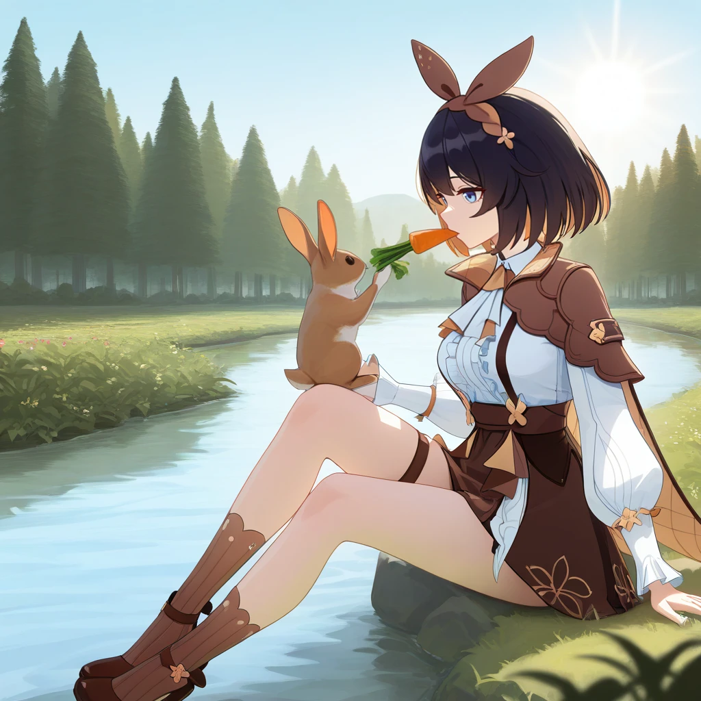 masterpiece, best quality, ultra-detailed, very asthetic, year 2023, very aesthetic, newest, scenery, highres, 4k, absurdres, 8k, colorful,vibrant, glowing, perfect face, 2d, perfect eyes, detailed eyes, 1girl, solo, trees, forest, river, river bank, pebbles, rocks, bushes, flowers, outdoors, detailed background, day, sun, sky, clouds, bunny, rabbit, holding carrot, sitting on riverbank, single bend knee, looking at rabbit, feeding rabbit, from side, hand on own knee, angled shot, full body, brown footwear, brown socks, strappy heels,
short hair, seele vollerei, SelVel, Fol001, Sel_Drm, blue eyes, black hair, brown hair, colored inner hair, frilled shirt, alt white shirt, collared shirt, white ascot, brown ascot, layered ascot, collared capelet, brown capelet, high-waist skirt, suspender skirt, brown thigh strap, brown hairband, puffy long sleeves, frilled sleeves, alternate white sleeves,masterpiece, best quality, ultra-detailed, very aesthetic, newest, scenery, absurdres, perfect anatomy, perfect legs, perfect face, perfect eyes,