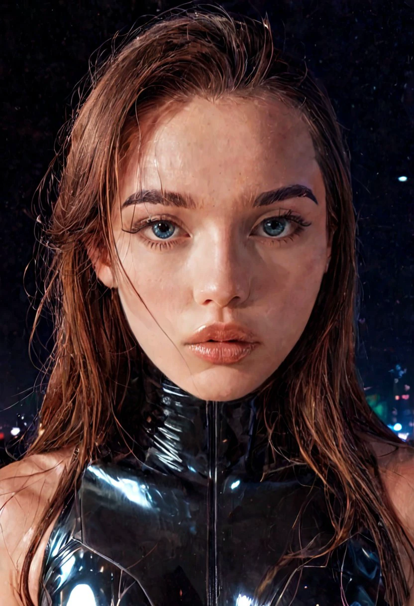 score_9, Raw Photo, (night portrait:1.2), 4ng3l face, blue eyes reflecting neon, brown hair with neon highlights:1.1, natural styled eyebrows, high cheekbones, downturned soft lips:1.2, no smile:1.4, moonlit expression, flawless skin with neon reflections:1.2, perfect face symmetry:1.2, grief in eyes, mournful elegant expression:1.3, ultra sharp facial details:1.4, sleek high-tech bodysuit glowing subtly, cyberpunk night lighting:1.3, cinematic color grading, sharp details:1.4, realistic skin texture:1.4, super detailed, film grain:0.2, hyperdetailed:1.15, photo realistic, masterpiece