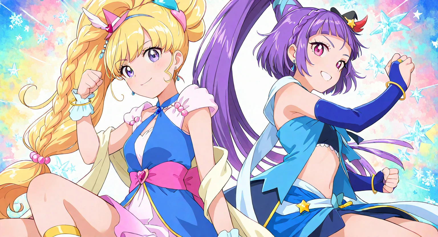 <lora:mahoutsukai_precure_all_in_one_illustXL_locon_v1:0.7> masterpiece, best quality, absurdres, very aesthetic, general, blue background, multicolored background, 2girls,
cure miracle, cure miracle \(sapphire style\), crmrclsapphire, blonde hair, very long hair, braided ponytail, wide ponytail, half updo, shiny hair, eyebrows visible through hair, purple eyes, eyelashes, mini witch hat, pink headwear, heart hat ornament, tilted headwear, hat feather, earrings, blue dress, crop top, white shirt, shawl, sash, white skirt, pink skirt, purple skirt, gradient skirt, multicolored skirt, blue choker, brooch, waist bow, pink bow, back bow, beads, pink gemstone, white gloves, fingerless gloves, arm warmers, detached sleeves, bridal gauntlets, bracelet, heart-shaped waist brooch, heart-shaped skirt ornament, white legwear, leg warmers, smile, looking at viewer, from side, back-to-back, fighting stance, clenched hands, upper body,
cure magical, cure magical \(sapphire style\), crmgclsapphire, purple hair, blunt bangs, shiny hair, high ponytail, wide ponytail, very long hair, two-tone hair, french braid, purple eyes, pink eyes, eyelashes, mini witch hat, black headwear, tilted headwear, star hat ornament, star hair ornament, earrings, blue dress, bare shoulders, midriff, navel, tassel, sash, shawl, blue choker, purple choker, blue bow, breast bow, blue gloves, elbow gloves, fingerless gloves, detached sleeves, arm warmers, bridal gauntlets, bracelet, brooch, blue gemstone, star ornament, blue skirt, pink skirt, purple skirt, gradient skirt, multicolored skirt, blue legwear, toeless legwear, smile, looking at viewer, from side, back-to-back, fighting stance, clenched hands, upper body,
