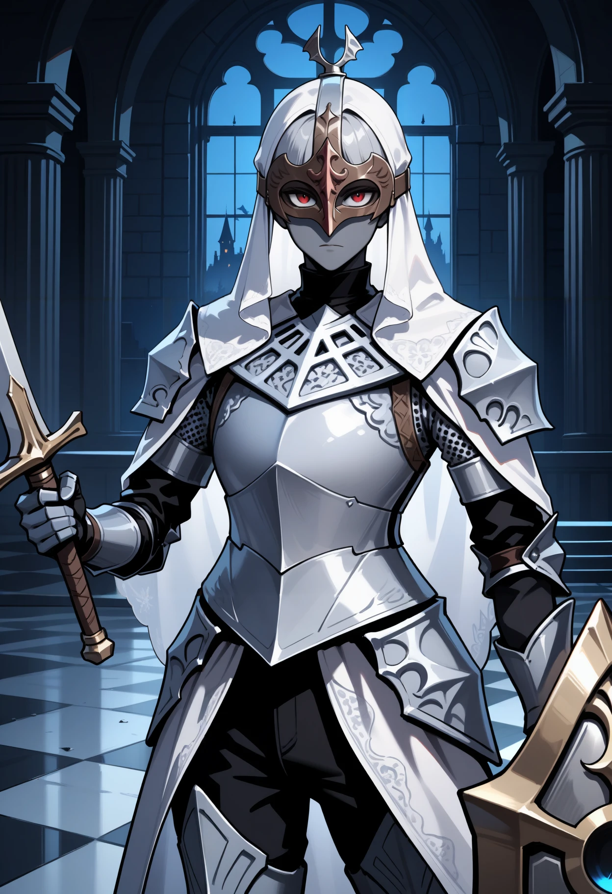 masterpiece, best quality, newest, hdr, night, castle, checkered floor, indoors, pillar, window, closed mouth, 1boy, solo, expressionless, looking at viewer, eztmnzrth, colored skin, grey skin, white veil, white capelet, helm, eye mask, covered eyes, breastplate, chainmail, shoulder armor, gauntlets, faulds, waist cape, white cape, greaves, cowboy shot, fighting stance, straight-on, holding sword, holding shield,
<lora:Throne Watcher:0.8>