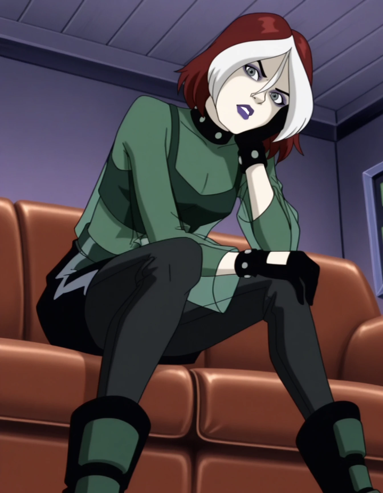 detailed, masterpiece, best quality,
collar, crop top, see-through shirt, gloves, bracelet, skirt, pants, boots,
indoors, couch,
1girl, solo, sitting, leaning forward, looking at viewer, from below,
xroguex, dyed bangs, white hair, red hair, hair between eyes, grey eyes, makeup, purple lips, <lora:xmenev-rogue:1>