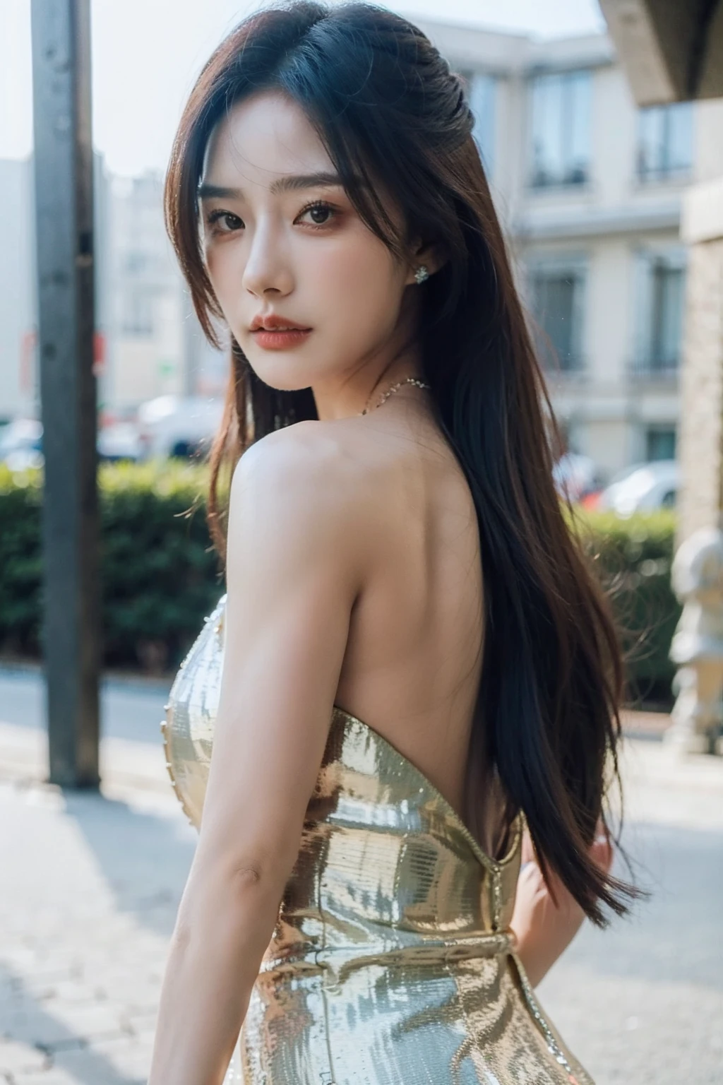 Best quality, masterpiece, ultra high res, (photorealistic), raw photo,1girl, skinny, upper body,solo, realistic, looking at viewer, outdoor, formal dress, long hair, <lora:makina69_nuanyang_v1.0:1>