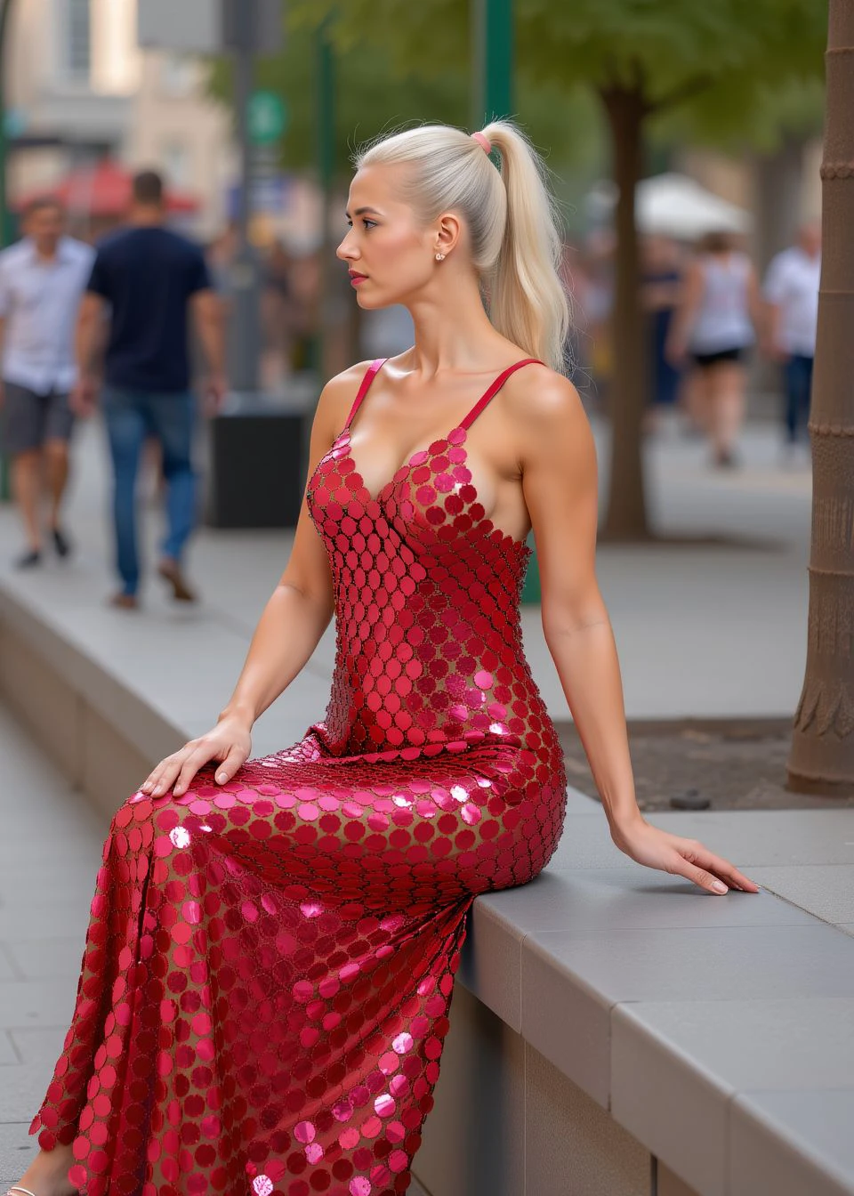 A slim woman with platinum blonde ponytail hair, wearing a red metallic sequin maxi dress while sitting in a public pedestrian zone. <lora:CrunchyBanana_FLUX_Big_Sequins_Dress:1>