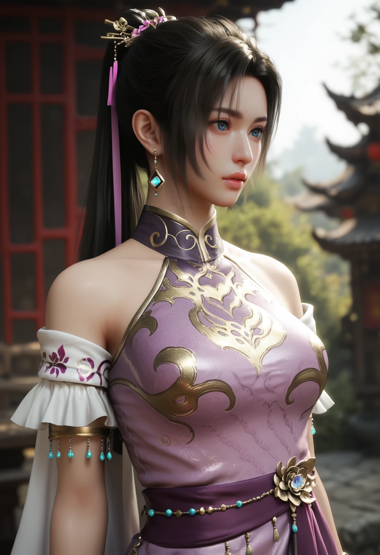 score_9_up, score_8_up, score_7_up, score_6_up, score_5_up, score_4_up,realistic, strong lighting,
1girl, solo, portrait, 
 <lora:Diaochan [pony]:0.6> diaochan, 1girl, jewelry, earrings, black hair, blue eyes, long hair, ponytail, hair ornament||, bare shoulders, dress, purple dress, bracelet, chinese clothes,
glistening eyes, glossy lips,