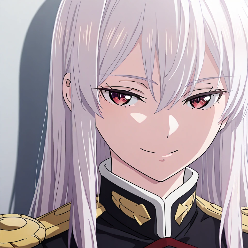kyouka_uzen, 1girl, solo, uniform, long hair, military uniform, seductive smile, military, epaulettes, looking at viewer, white hair, hair between eyes, red eyes, upper body <lora:KyoukaUzen-IllustXL:1>, (masterpiece),(best quality),(ultra-detailed),(best illustration),(best shadow),(absurdres),(detailed background),(very aesthetic),