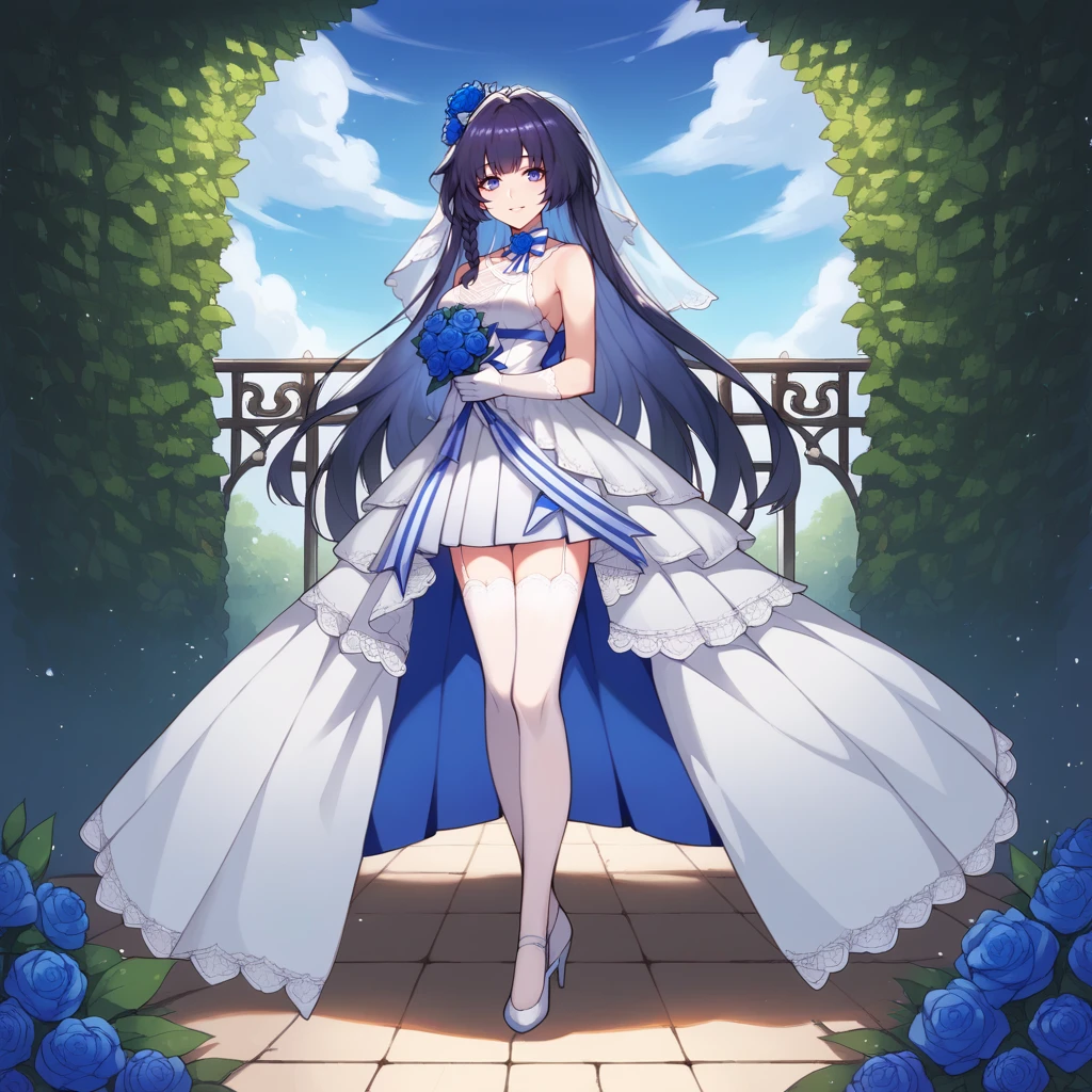 score_9_up, score_8_up, score_7_up, source_anime, 1girl, solo, garden, flowers, flower bushes, white terrace, outdoors, trees, vines, detailed background, day, sun, sky, clouds, standing, looking at you, gentle smile, slight blush, shadow, under terrace, full body, white high heels, holding bouquet, purple hair, long hair, raiden mei, RMei, Fol001, RM_Aep, side braid, blue eyes, wedding dress, white dress, veil, alt covered breasts, white choker, flower choker, striped bow, flower hair ornament, criss-cross strings, blue nderbust, blue bow, pleated skirt, white skirt, blue underskirt, garter straps, striped belt, gloves, white gloves, bare shoulders, alt thighhighs, white thighhighs, flower thigh strap, blue rose,