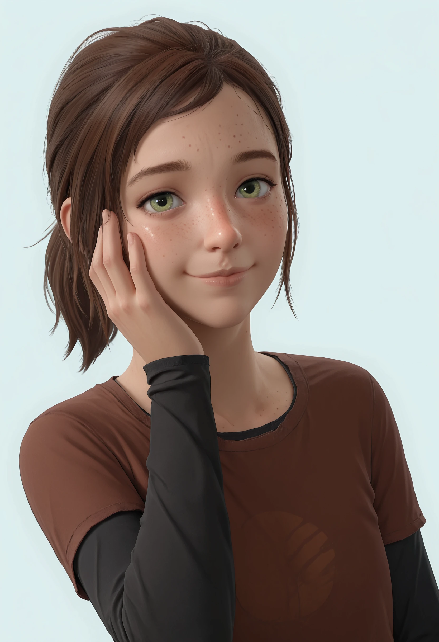 masterpiece, best quality, amazing quality, very aesthetic, absurdres, newest, <lora:EllieTLOU1ILf:0.75> ellif, 1girl, brown hair, short hair, ponytail, freckles, green eyes, shirt, layered sleeves, upper body, smile, looking at viewer, hand on face,
light blue background, simple background,