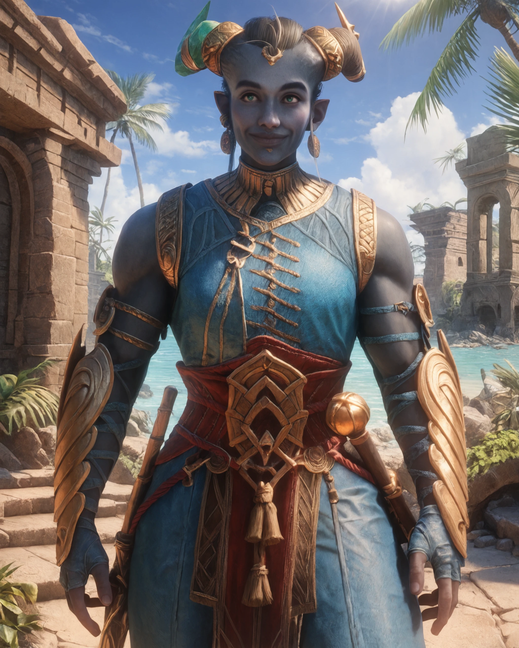 score_9, score_8_up, score_7_up, intricate details, rating_questionable, high resolution, detailed face,
<lora:Taash:0.8>,
1girl(Taa5h, kn1t_top, teal eyes, blue-grey skin, broad shoulders, muscular, solo, blue pants
,
cowboy shot
,
looking at viewer, slight smile),
partial side view, sunshine, summer, tropical ocean coast, ruins, palms, fertile, detailed background, depth of field,
<lora:ral-chrosc-clr:0.5>, ral-chrosc-clr,
<lora:Expressive_H:0.5>, Expressiveh,
<lora:xl_more_art-full_v1:0.3>,
<lora:add-detail-xl:0.3>