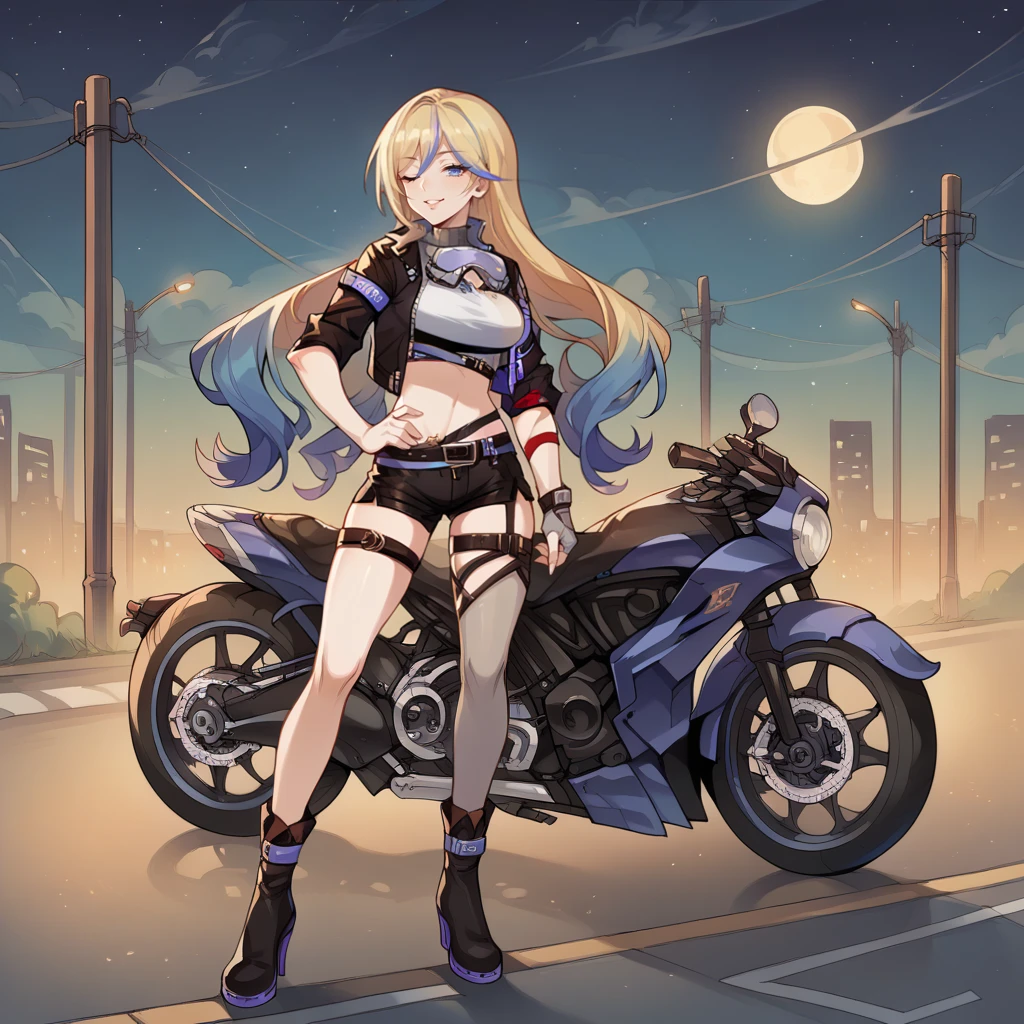 score_9_up, score_8_up, score_7_up, source_anime, 1girl, solo, motorcycle, night city, street, standing, hand on motorcucle, motorbike, full body, wink, hand on hip, confident smile, road, close up, angled shot, street view, concrete, parted lips, night, moon, starry sky, street lights, high heel boots, skyscrapers, clouds, blonde hair, blue hair, drill hair, long hair, Durandal, Fol002, Du_Glh, blonde hair, alt gradient hair, streaked hair, crop top, two-tone shirt, black shirt, alternate white shirt, multiple belts, blue belt, waist belt, turtleneck, black belt, goggles, purple goggles, cropped jacket, alt black jacket, alt open jacket, sleeves rolled up, purple armband, red armband, alternate single fingerless glove, grey glove, short shorts, black shorts, multiple thigh straps, alt single thighhigh, brown thighhighs,