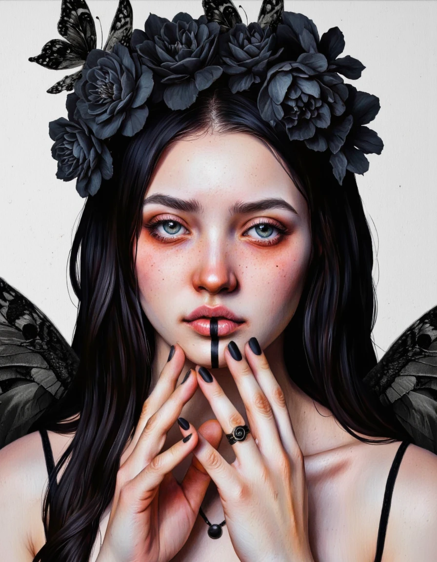 By Laura H. Rubin. A photo-realistic portrait shoot from a close-up camera angle about a portrait of a young woman with pale skin and long black hair, adorned with a black flower crown and butterfly wings. the image also shows a hand holding a black manicure, with black nail polish on the fingernails. on the middle of the image, a 20 years old woman appears to be looking directly at the viewer, with her blue eyes and freckles visible on her face. she has a neutral expression and is wearing a black headpiece adorned with black flowers. her hair is long and dark, and her lips are parted, revealing a hint of red lipstick. her eyelashes are also visible, and she has black eyeliner on her eyelids. her nose is also visible. the background is a plain white, and the lighting is soft and diffused, creating a serene atmosphere. <lora:Laura_H._Rubin:0.95>