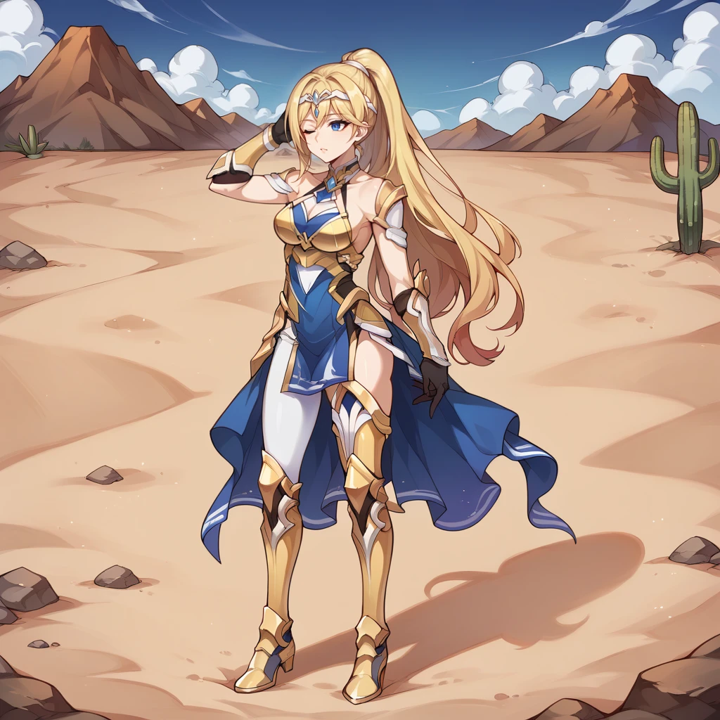 score_9_up, score_8_up, score_7_up, source_anime, 1girl, solo, desert, sand, scorching sun, blue sky, full body, walking, cactus, lotus, oasis, one eye closed, hand on own head, raised hand, shaded face, cactuses, pond, pensive, blonde hair, drill hair, long hair, blue eyes, Durandal, Fol002, Du_Dea, blonde hair, high ponytail, armored dress, waist veil, chestplate, gold armor, gold pauldrons, halterneck, frilled necktie, white necktie, circlet, pleated skirt, side slit, asymmetrical skirt, single pantsleg, white pants, armored legwear, gold footwear, alternate gauntlets, gold gauntlets, alternate black gloves, 1girl, solo,