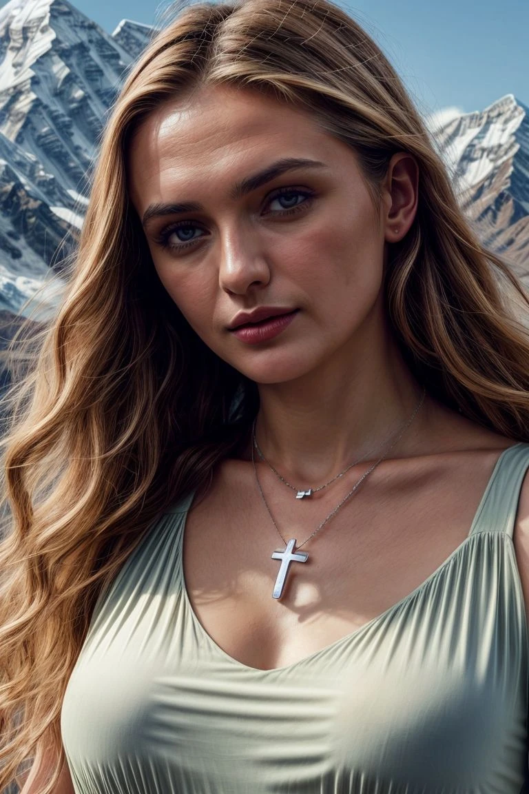 European woman, closeup, (shirt), pants, (rocky mountain national park), cross necklace , ZM_isa, wide shoulders, perfect face, (contact iris: 1.1), pale skin, skin pores , depth of field