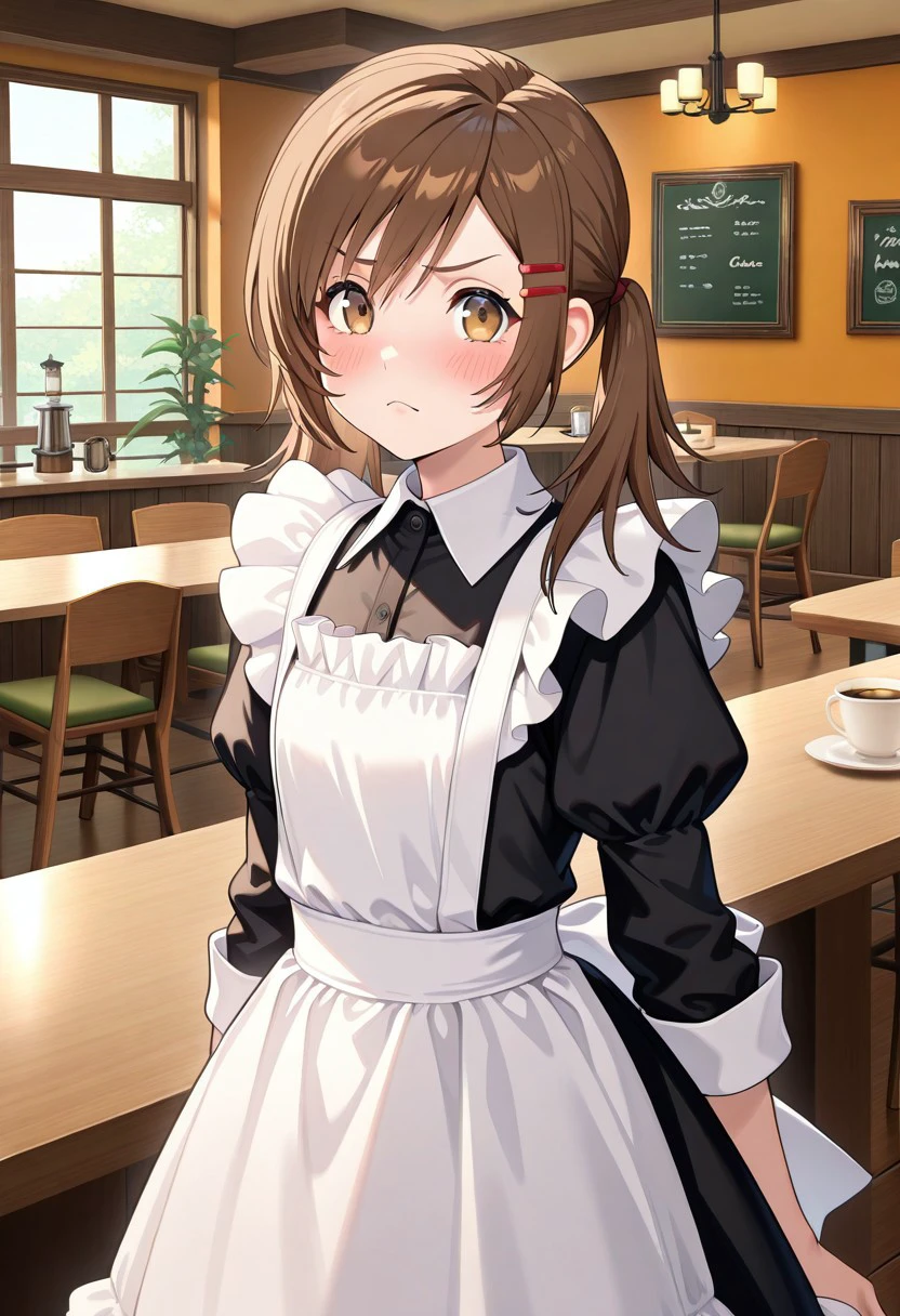 official art, masterpiece, best quality, absurdres, very aesthetic, 1girl, solo, female focus, misa_GB, brown eyes, brown hair, flat chest, hair ornament, hair clip, asymmetrical hair, short twintails, maid, dress, apron, standing, indoors, cafe, frown, looking at viewer, blush