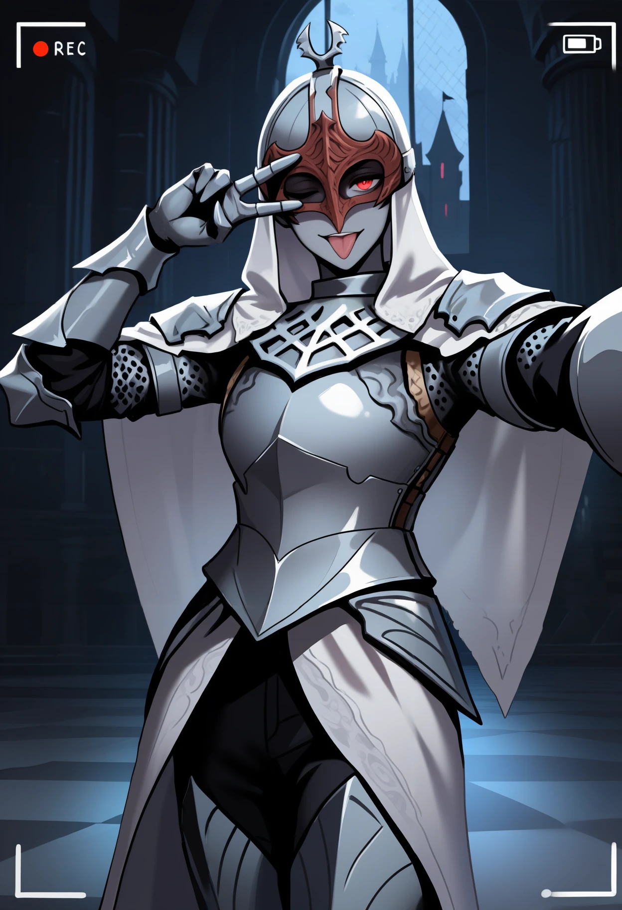 masterpiece, best quality, newest, hdr, night, castle, checkered floor, indoors, pillar, window, 1boy, solo, looking at viewer, eztmnzrth, colored skin, grey skin, white veil, white capelet, helm, eye mask, covered eyes, breastplate, chainmail, shoulder armor, gauntlets, faulds, waist cape, white cape, greaves, selfie, recording, snapchat, tongue out, one eye closed, v over eye
<lora:Throne Watcher:0.8>