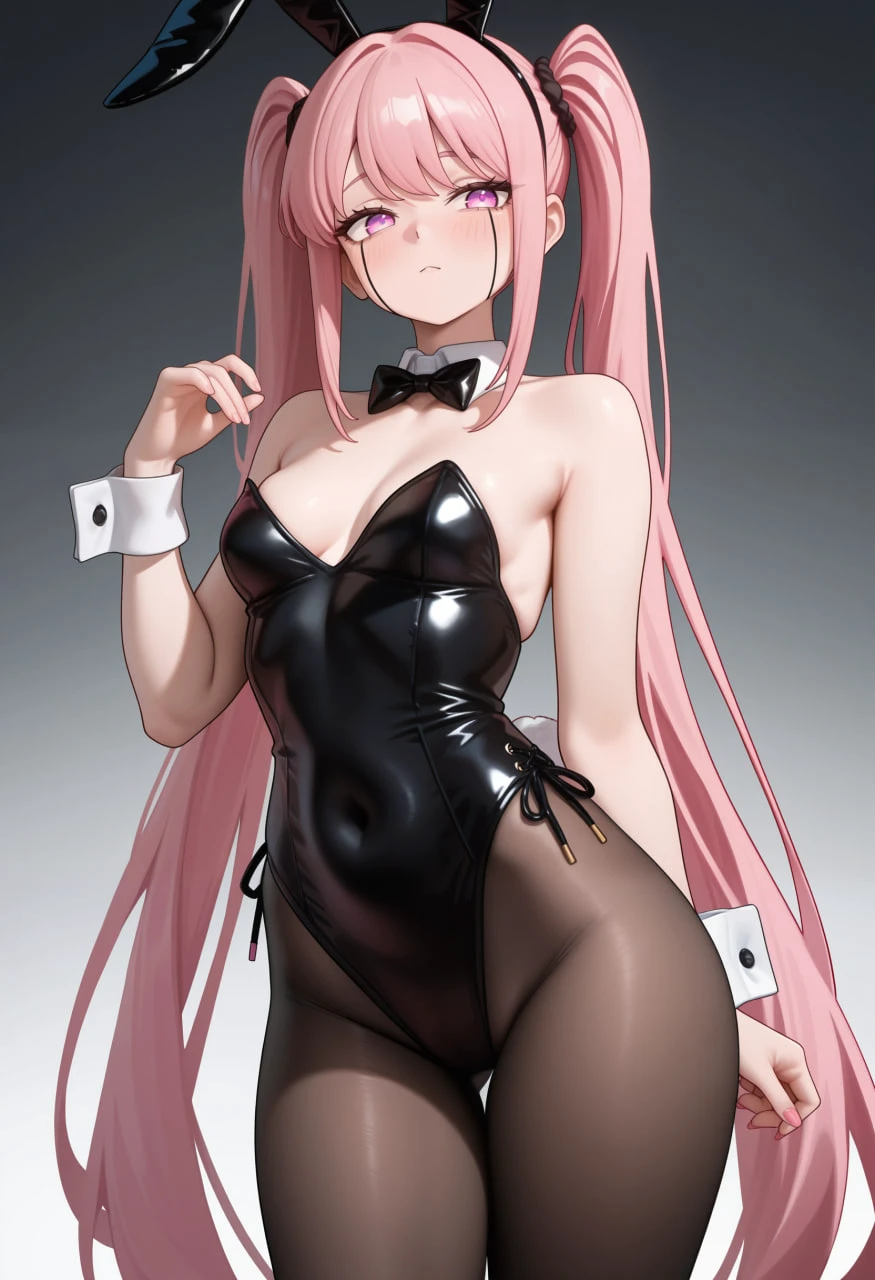 Masterpiece, Best quality, 1 girl, One, I&#39;m waving my cuirass, I&#39;m looking at the viewer, Irritated, closed mouth, blush, embarrassed, big breasts, Playboy Bunny, rabbit ears, black tights, Red bow tie, wrist cuffs, black swimsuit, whole body,