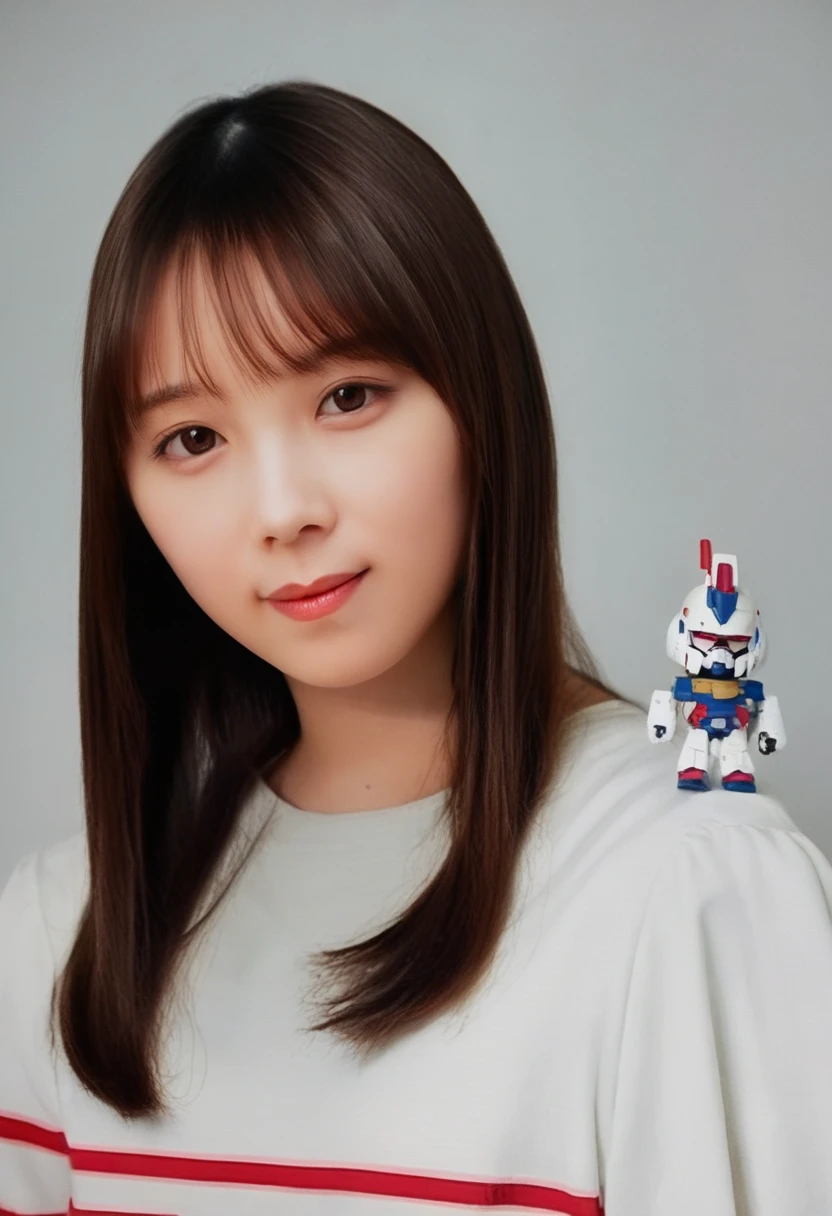 score_9,score_8_up,score_7_up,8k,hd,realistic,real life,(photorealistic),detailed,realism,1girl,solo,perfect lighting,portrait,(film grain:1.3),soft focus,soft light,medium breasts,<lora:yodachan_v4_novaa50_3150-000040:1>,yodachan,looking at viewer,long hair,bangs,brown hair,brown eyes,mole,parted bangs,(shortstack:0.6),long sleeves,(basque shirt:1.5),(striped shirt:1.5),(red and white horizontal striped shirt:1.3),(holding gundam toy),smile,facing viewer,simple background,