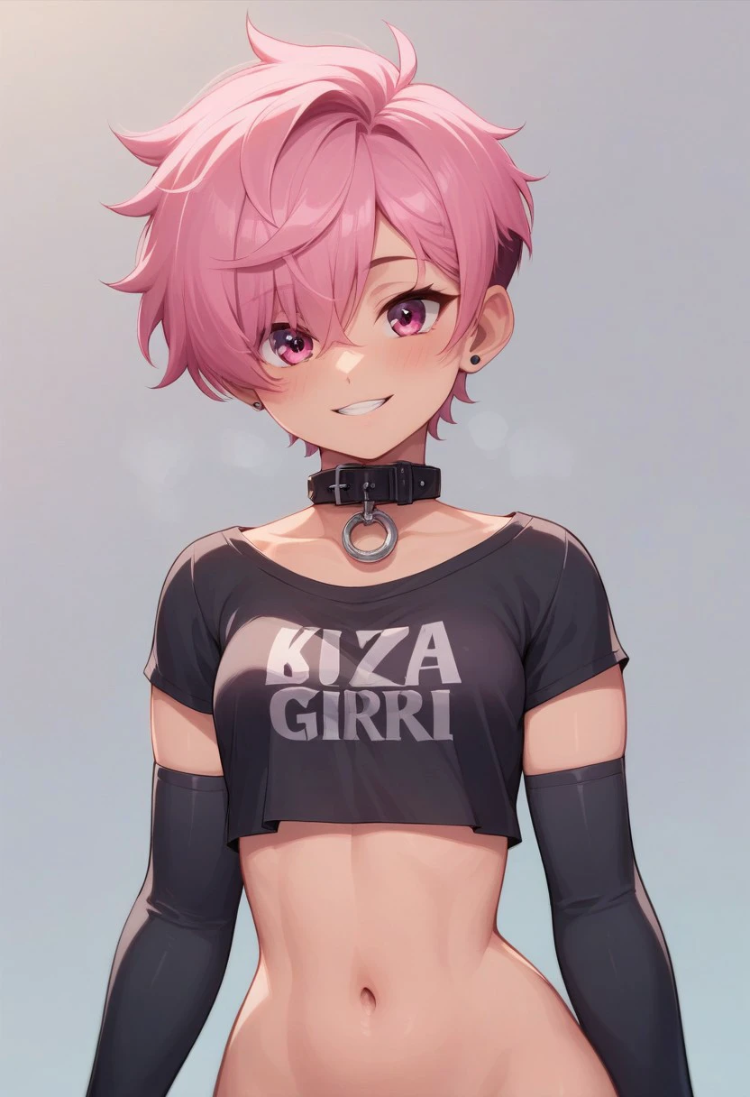 score_9, score_8_up, score_7_up, 1 girls, kira, mangamaster artstyle , detailed eyes, chocker, hot girl, petite body, pink eyes, short pink hair, small breasts, , collar, hair covering eyes, black t-shirt, grey elbow gloves, pixie haircut
