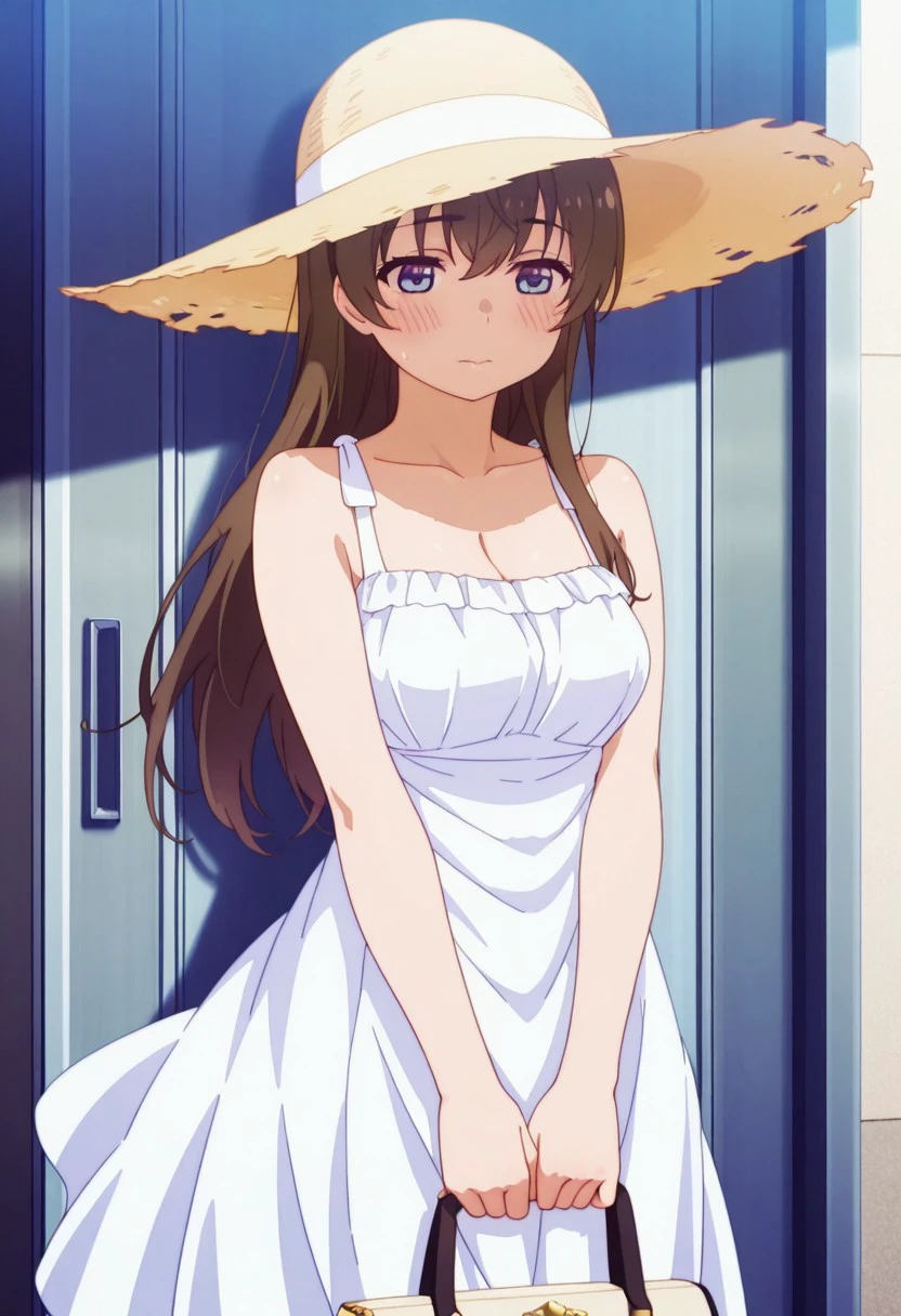 masterpiece,best quality,amazing quality,sasaki fuuka, long hair, brown hair, blue eyes, 1girl, hat, solo, dress, bag, white dress, sun hat, straw hat, sundress, handbag, blush, cleavage