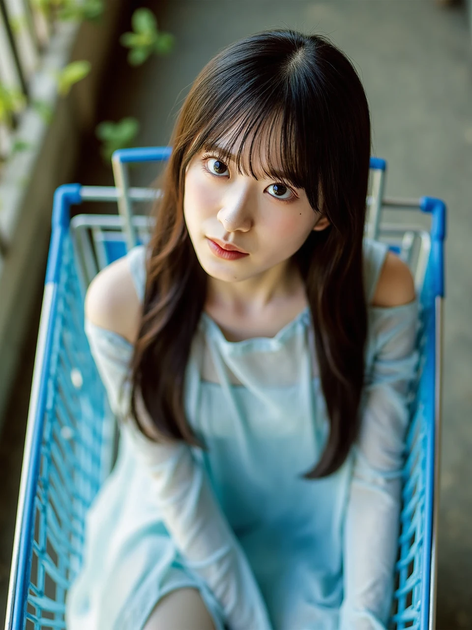 bird's eye view, look down at, yuchan, The image is a portrait of a young woman with long dark hair and bangs, She's only 18 years old. She was sitting in the shopping cart. She was wearing a blue transparent dress and is looking directly at the camera with a serious expression, Expose snow-white legs. appears to be an outdoor setting with a metal fence and some plants. The lighting is soft and natural, creating a peaceful and serene atmosphere. The overall mood of the image is calm and contemplative.