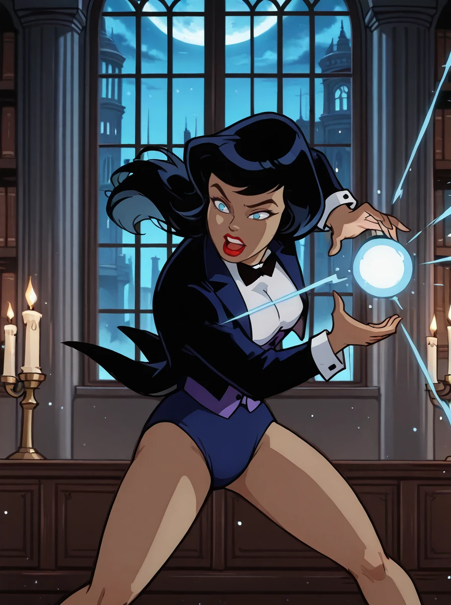 <lora:Zatanna_-_Batman_Animated_Illustrious_v2:0.9>, <lora:kamehameha [IL]:0.9>, <lora:takeda_hiromitsu_style_illustrious_goofy:0.6>, zanbtas, glowing blue aura, kamehameha, energy ball, rising particles, glowing particles, depth of field, Legs Apart, bright blue eyes, windswept black hair, tuxedo jacket, white shirt, purple cummerbund, black bowtie, blue bikini bottom, lipstick, makeup, open mouth, red lips, white teeth, ancient library, window, night, candlelight, dramatic lighting, thunderstorm