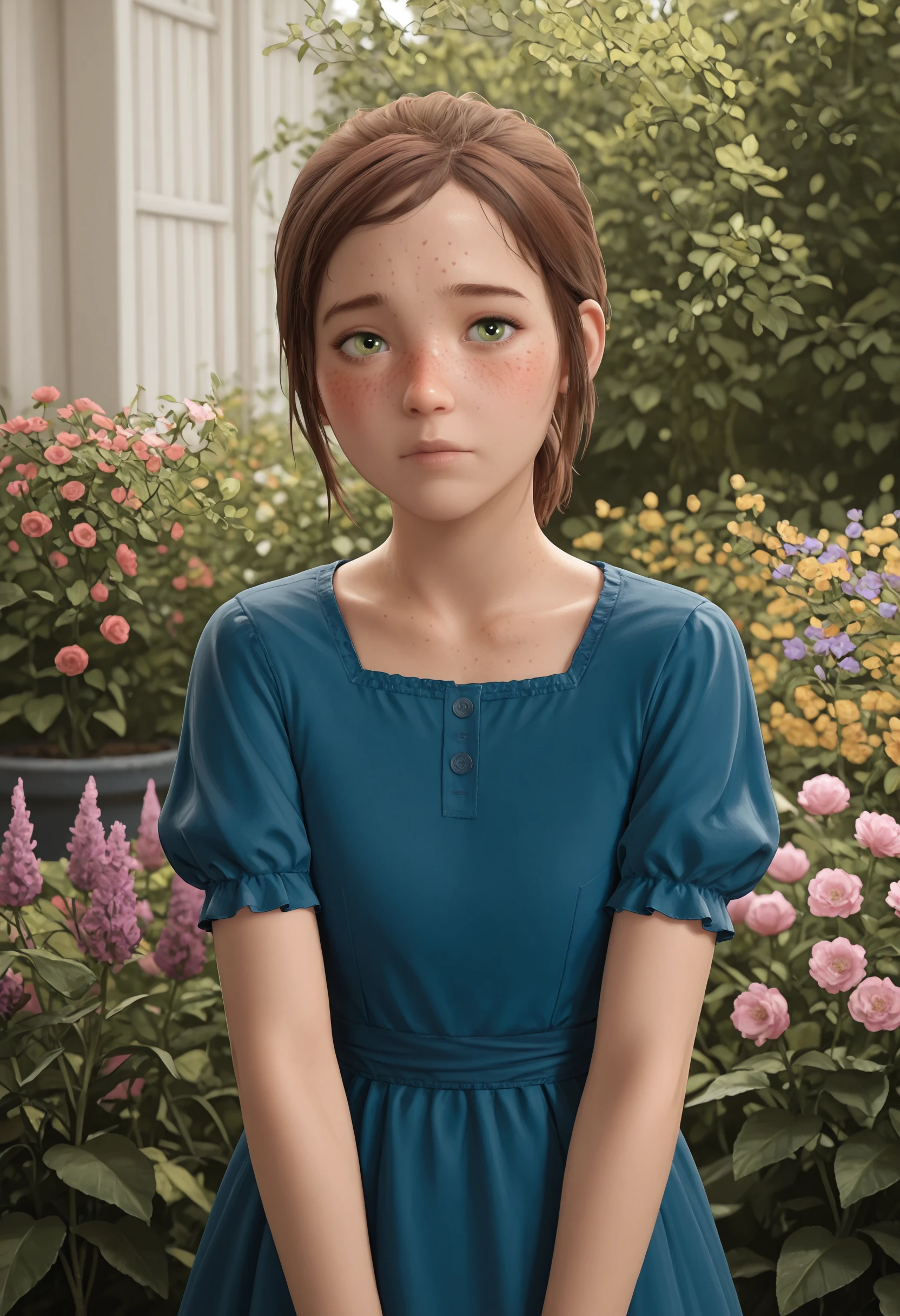 masterpiece, best quality, amazing quality, very aesthetic, absurdres, newest, <lora:EllieTLOU1ILf:0.8> ellif, 1girl, brown hair, short hair, ponytail, green eyes, freckles, blush, wearing blue dress, looking at viewer, front view, puffy sleeves,
garden, flowers,