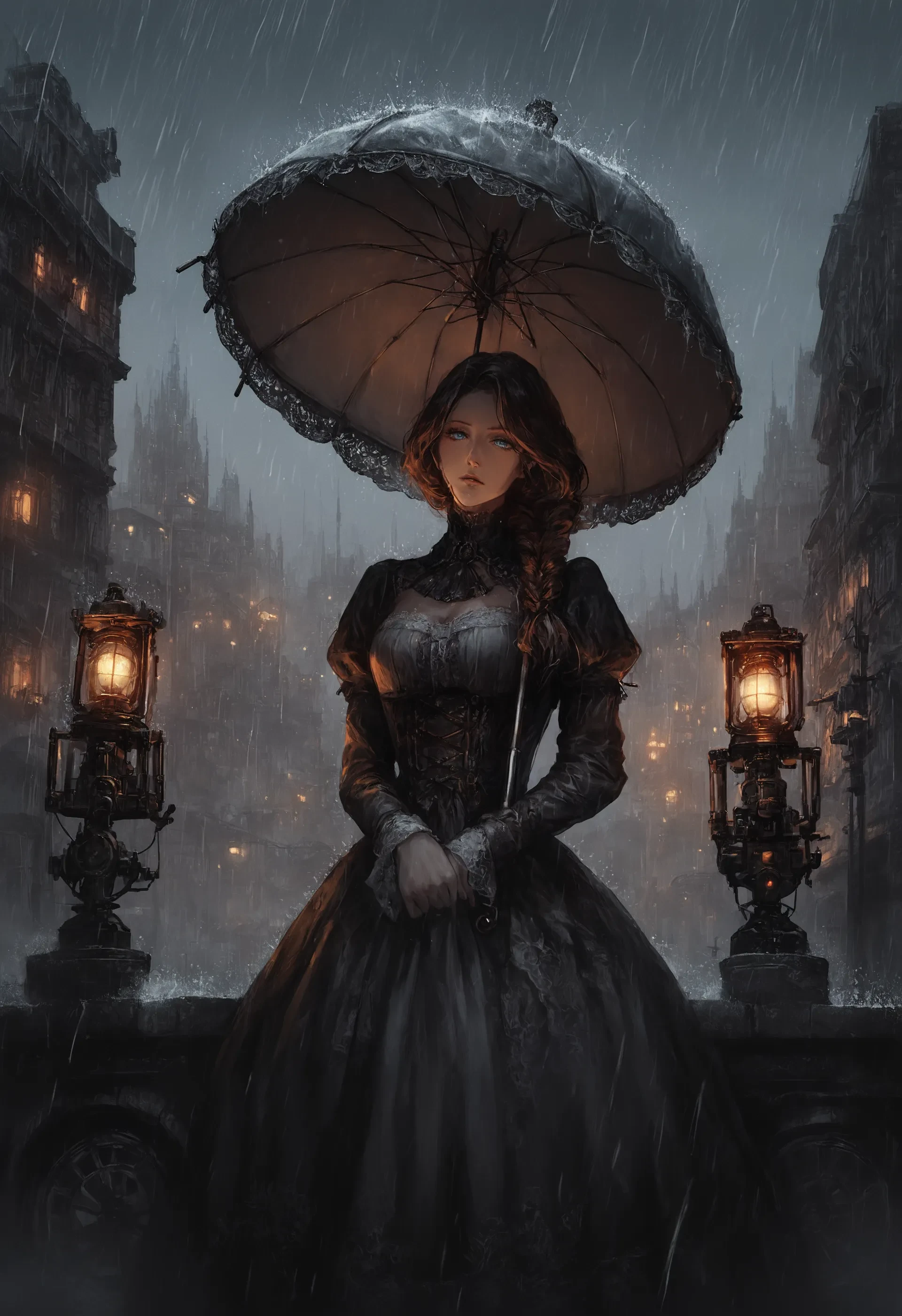 There is a woman in a dress holding an umbrella in the rain - SeaArt AI