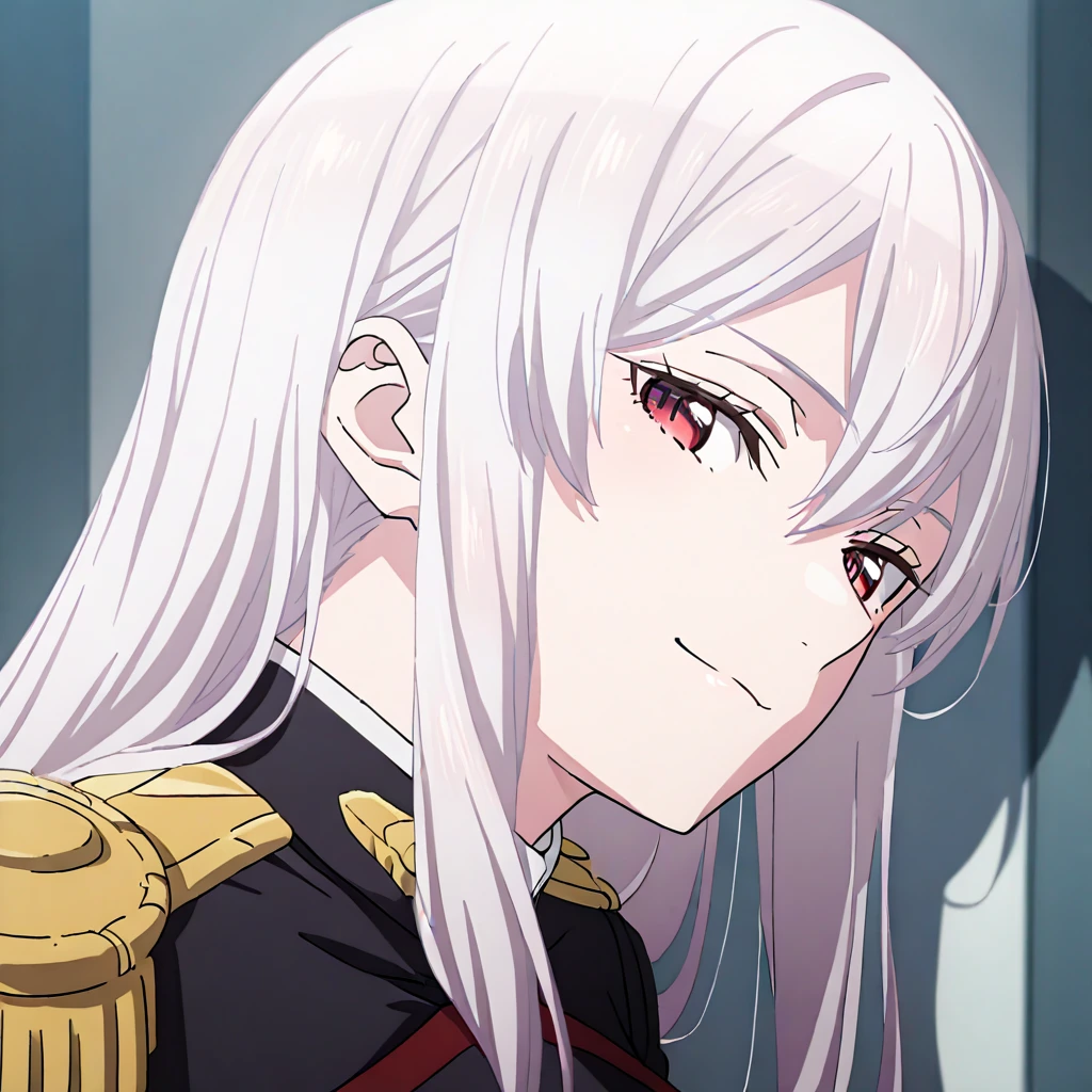 kyouka_uzen, 1girl, solo, uniform, long hair, military uniform, seductive smile, military, epaulettes, looking at viewer, white hair, hair between eyes, red eyes, upper body <lora:KyoukaUzen-IllustXL:1>, (masterpiece),(best quality),(ultra-detailed),(best illustration),(best shadow),(absurdres),(detailed background),(very aesthetic),