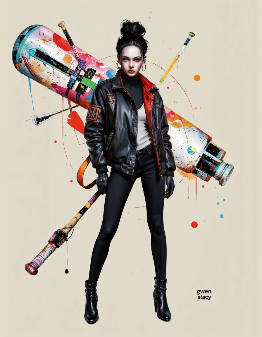 By Laura H. Rubin. A digital illustration shoot from a portrait camera angle about a stylized portrait of a woman with a futuristic aesthetic, holding a large, colorful baseball bat. the image also shows a woman in the middle of the image, who appears to be a young woman with pale skin and black hair styled in a bun, wearing a black leather jacket with red accents and black gloves. she has a serious expression and is standing confidently with one hand on her hip and the other holding a baseball bat in her right hand. the woman is positioned in the center of the frame, facing the viewer with her eyes looking directly at the viewer. the background is a plain, light beige color, and the image has a high-quality, digital illustration style with bold, vibrant colors and abstract shapes. the text "gwen stacy" is written in the bottom right corner. <lora:Laura_H._Rubin:0.8>