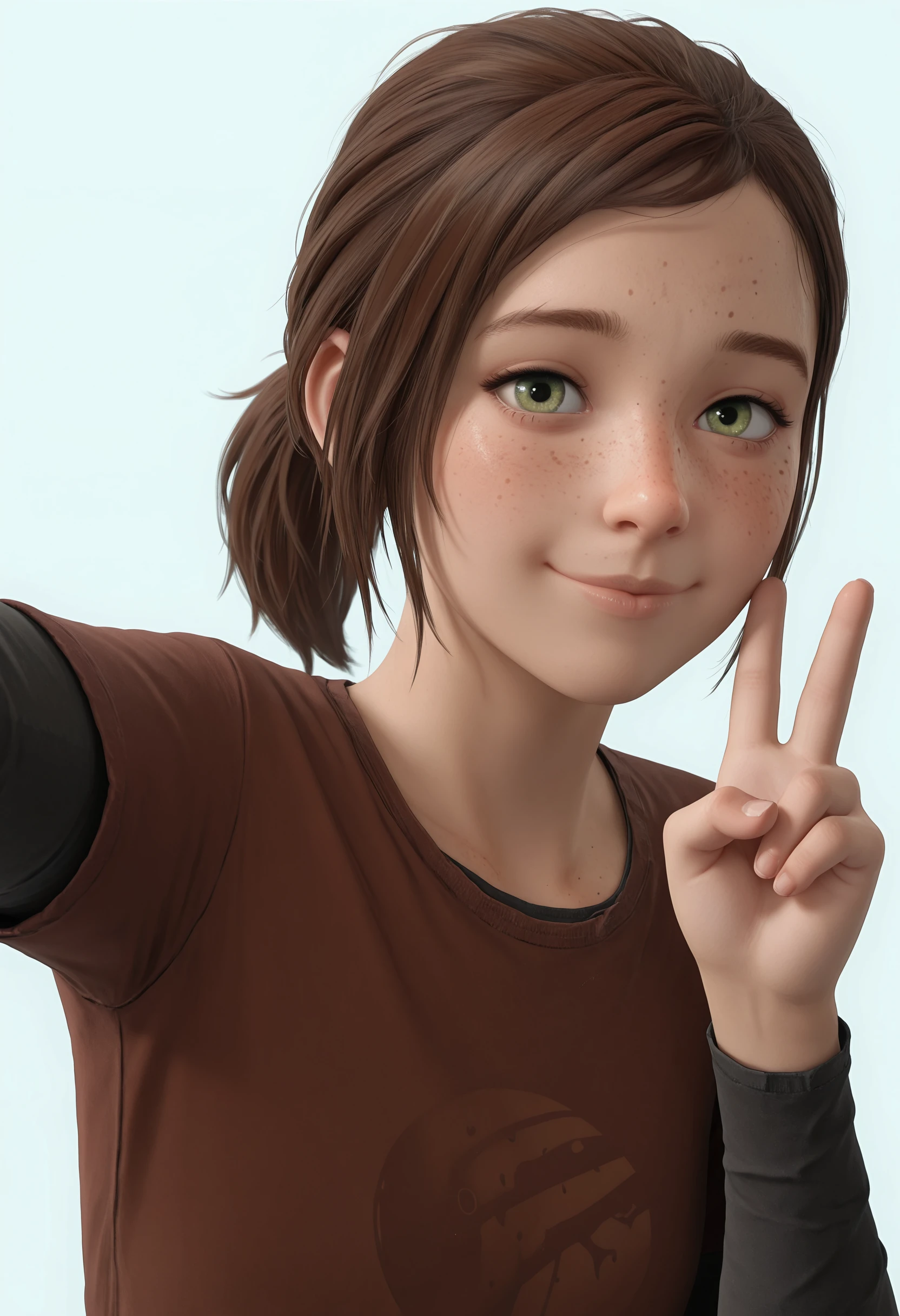 masterpiece, best quality, amazing quality, very aesthetic, absurdres, newest, <lora:EllieTLOU1ILf:0.75> ellif, 1girl, brown hair, short hair, ponytail, freckles, green eyes, shirt, layered sleeves, upper body, smile, looking at viewer, selfie pose,
light blue background, simple background,