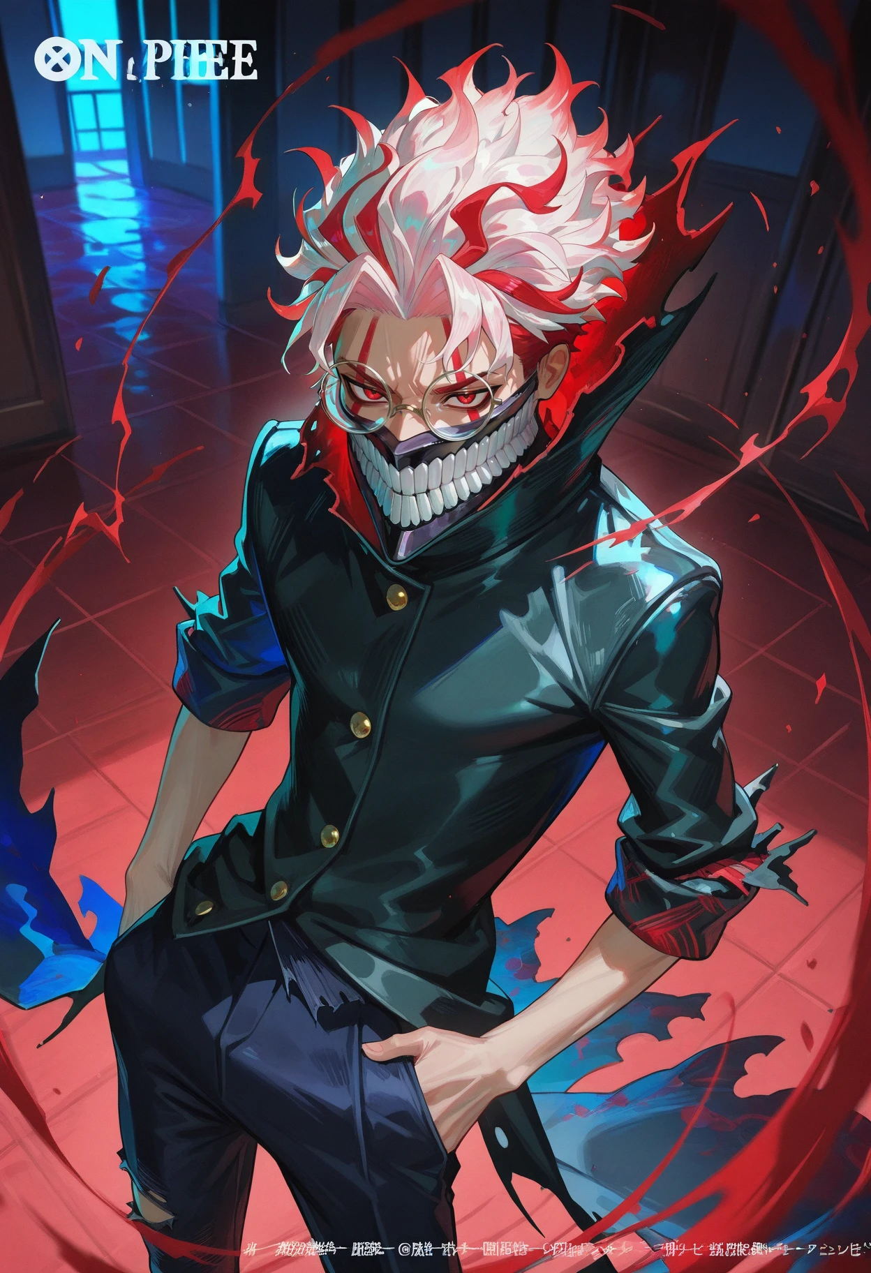 masterpiece, best quality, 
1boy, solo,
 <lora:One piece card game artstyle [IL]:1.1> opcgstyle,  art, official art, concept art, dynamic angle,
  <lora:Okarun Dandadan [IL]:0.85> okarun, 1boy, solo, male focus, red eyes, glasses, white hair, mask, teeth, long sleeves, multicolored hair, red hair, round eyewear, || rolled up sleeves, school uniform, torn clothes, black jacket, long jacket, pants, torn pants