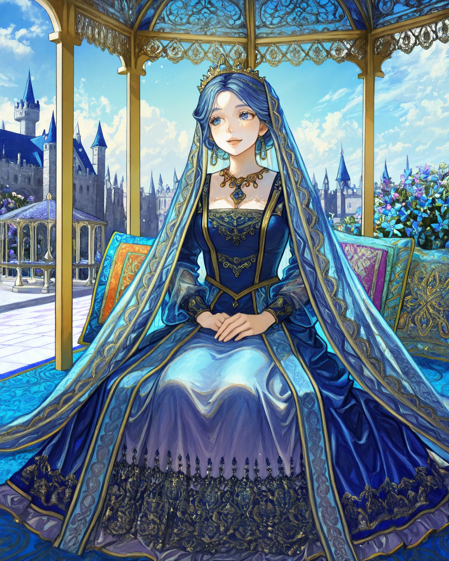 1girl, wearing medfa, medfa clothing, sitting, castle garden, gazebo, colorful cushions, purple and blue clothing, gold accents, flowers, summer day, extremely detailed clothing, jacquard fabric, intricate embroidery, masterpiece, highest quality, absurdres, digital art, very detailed, 8k, best quality, high resolution, <lora:Medieval_Fashion_Illustrious:1.2>, <lora:HaruwosiILL:1> haruwosi