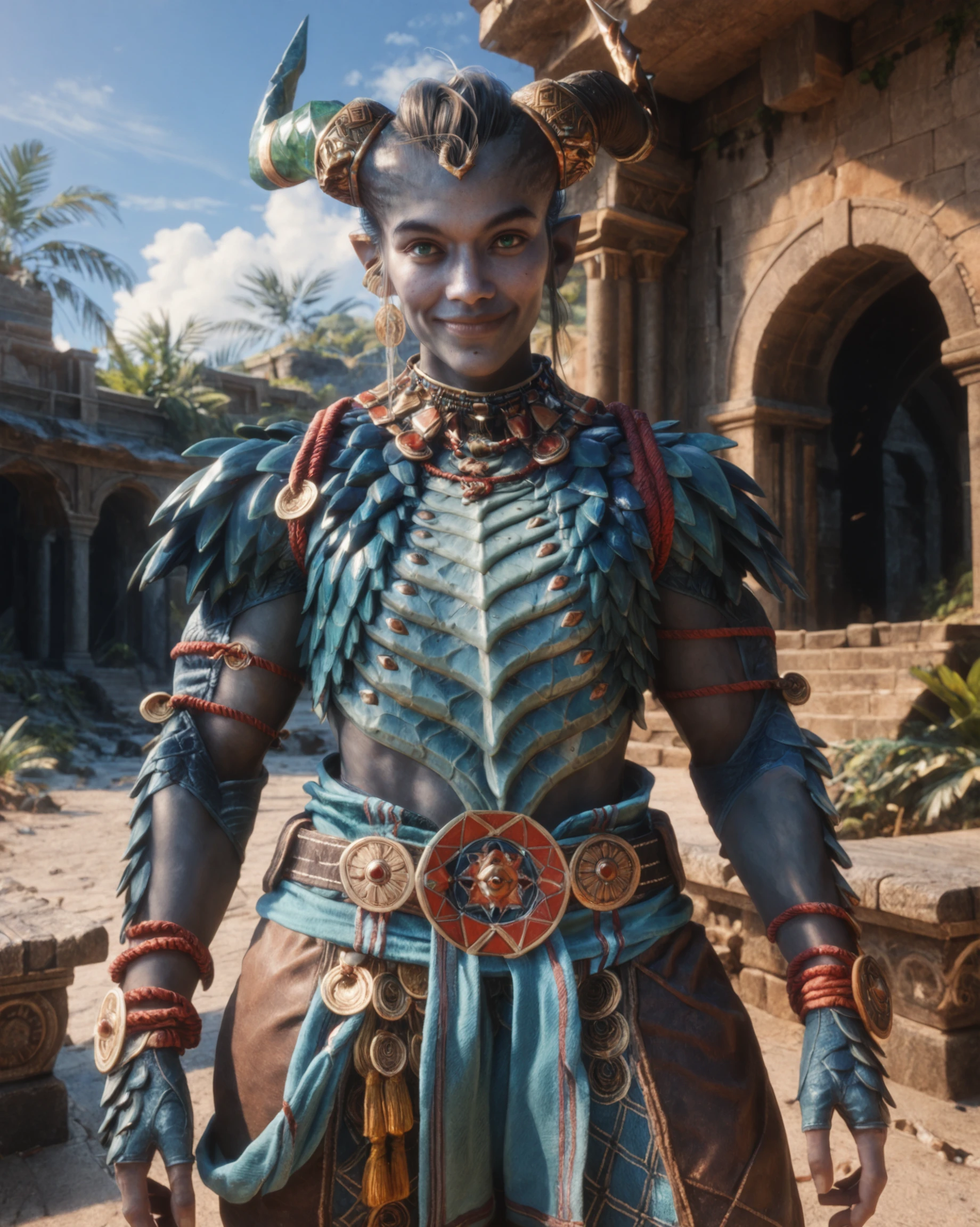 score_9, score_8_up, score_7_up, intricate details, rating_questionable, high resolution, detailed face,
<lora:Taash:0.8>,
1girl(Taa5h, dragon_brea5tplate, teal eyes, blue-grey skin, broad shoulders, muscular, solo, dark brown pants,
cowboy shot,
8k,
looking at viewer, slight smile),
partial side view, sunshine, summer, tropical ocean coast, ruins, palms, fertile, detailed background, depth of field,
<lora:ral-chrosc-clr:0.5>, ral-chrosc-clr,
<lora:Expressive_H:0.5>, Expressiveh,
<lora:xl_more_art-full_v1:0.3>,
<lora:add-detail-xl:0.3>