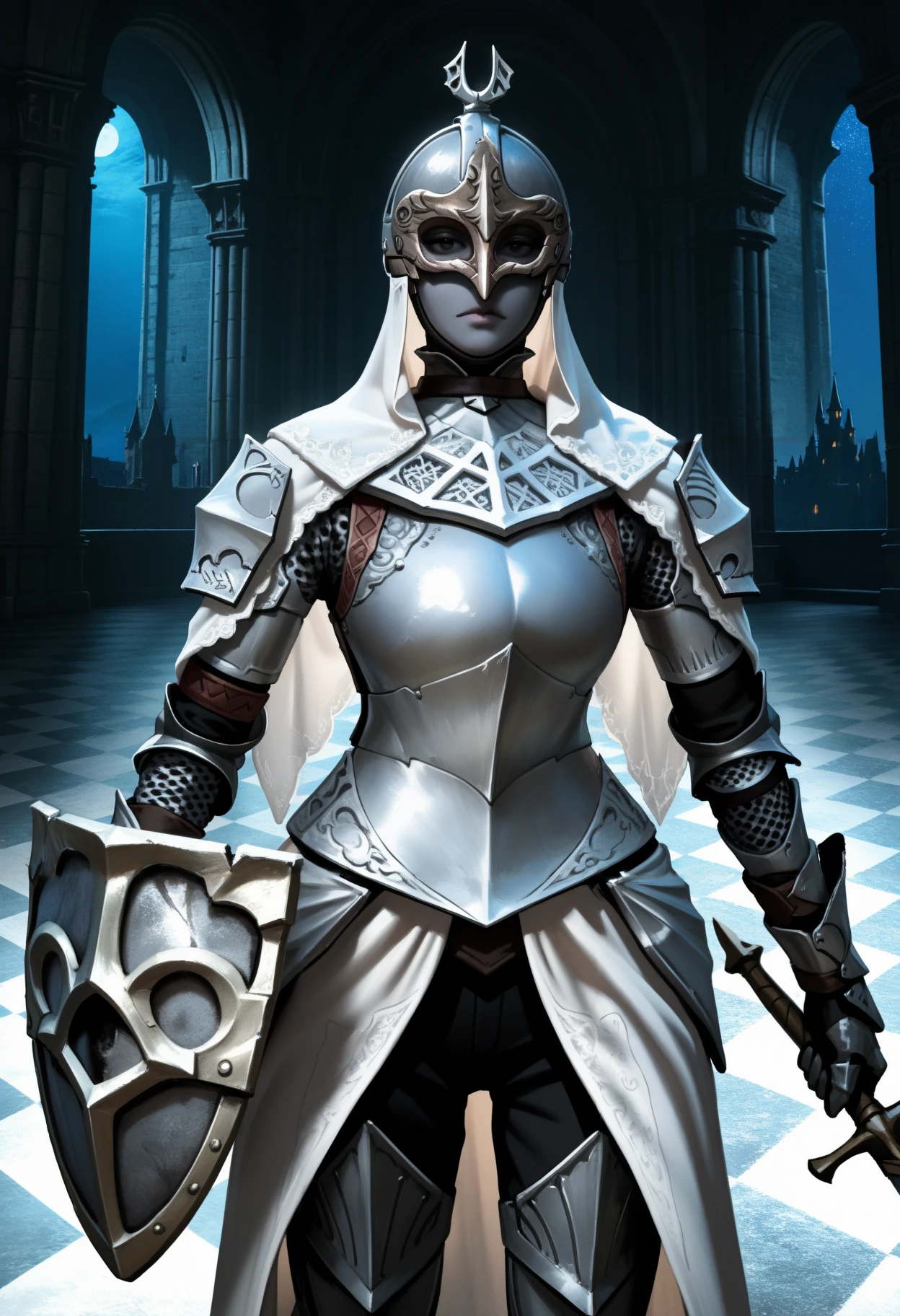 masterpiece, best quality, newest, realistic, photorealistic, hdr, night, castle, checkered floor, indoors, pillar, window, closed mouth, 1boy, solo, expressionless, looking at viewer, eztmnzrth, colored skin, grey skin, white veil, white capelet, helm, eye mask, covered eyes, breastplate, chainmail, shoulder armor, gauntlets, faulds, waist cape, white cape, greaves, cowboy shot, fighting stance, straight-on, holding sword, holding shield,
<lora:Throne Watcher:0.8>
